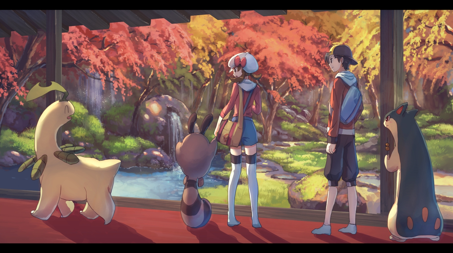 autumn, bayleef, gold_(pokemon), kotone_(pokemon), pippi_(p3i2), pokemon, quilava, sentret