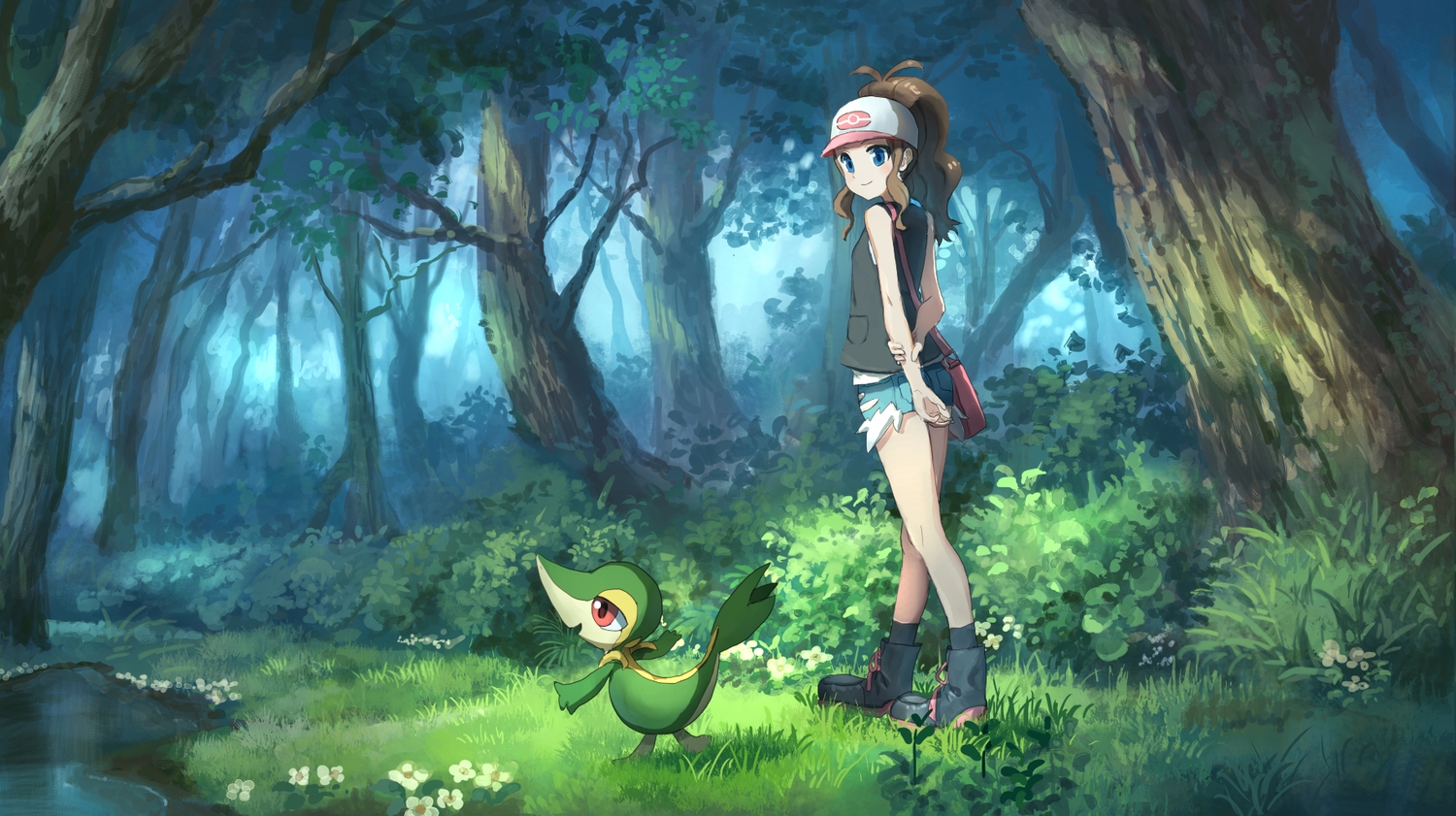 flowers, forest, grass, pippi_(p3i2), pokemon, snivy, touko_(pokemon), tree