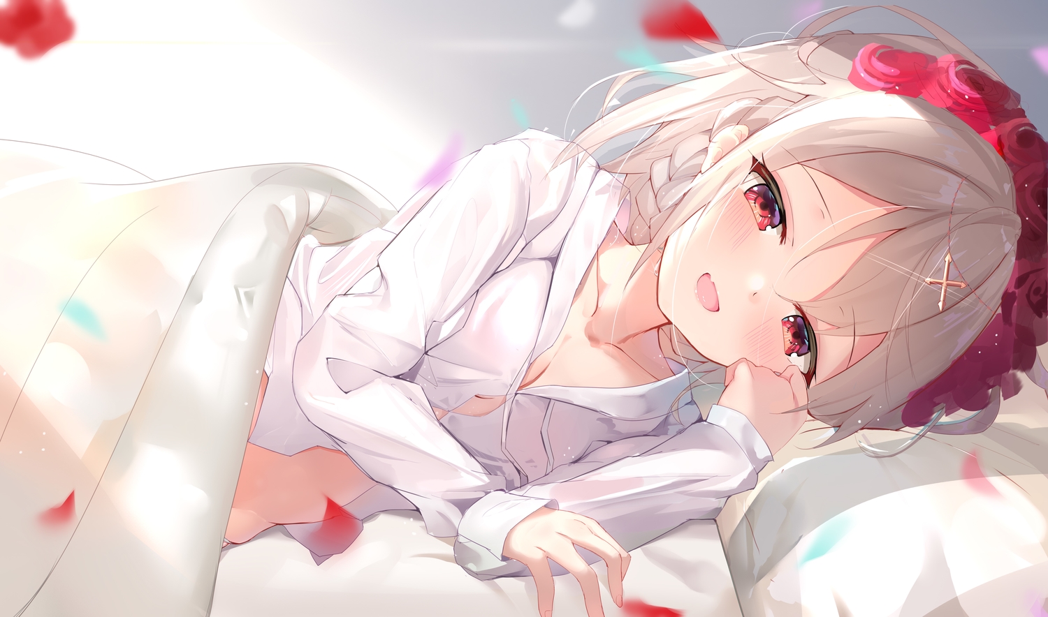 bed, blush, brown_hair, headband, honkai_impact, honkai_(series), long_hair, red_eyes, theresa_apocalypse, zhongwu_chahui