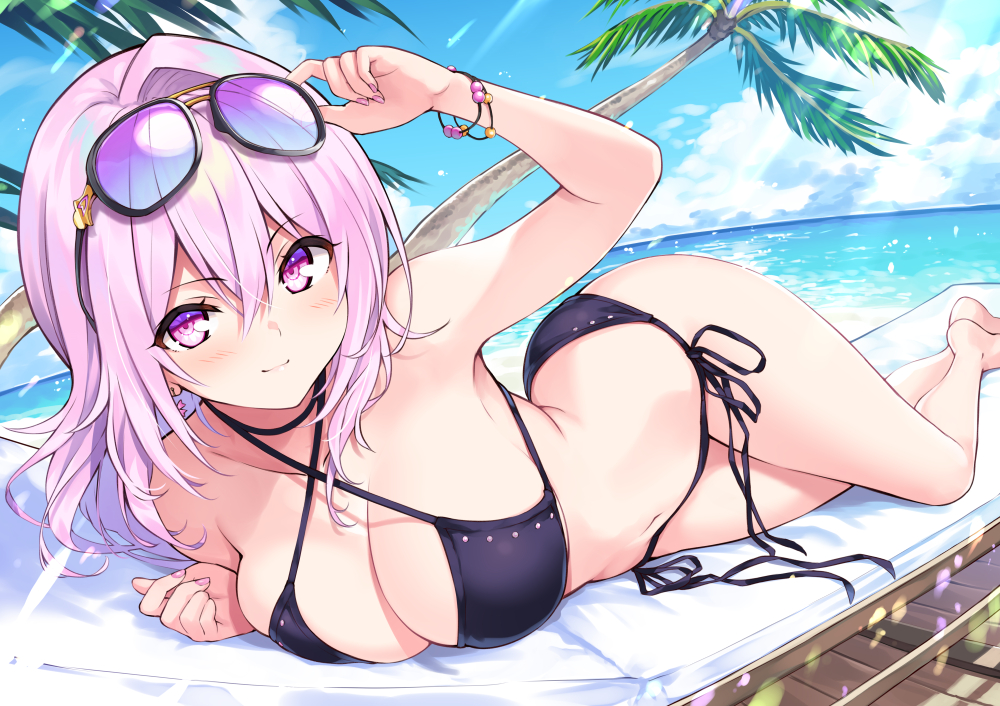 barefoot, beach, bikini, blush, breasts, cleavage, clouds, cu-no