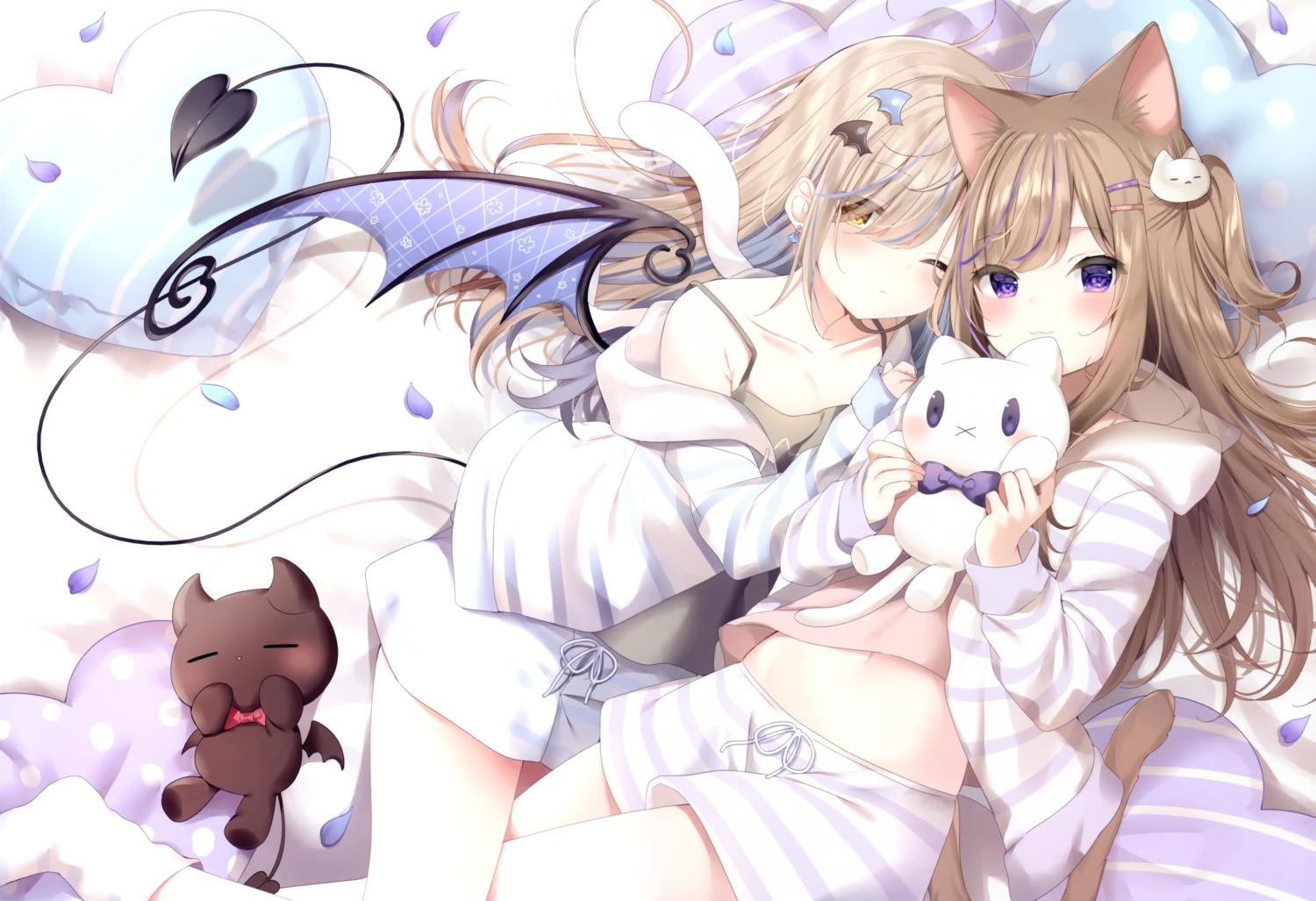 animal_ears, blonde_hair, blush, bow, brown_hair, bunny_ears, catgirl, cat_smile