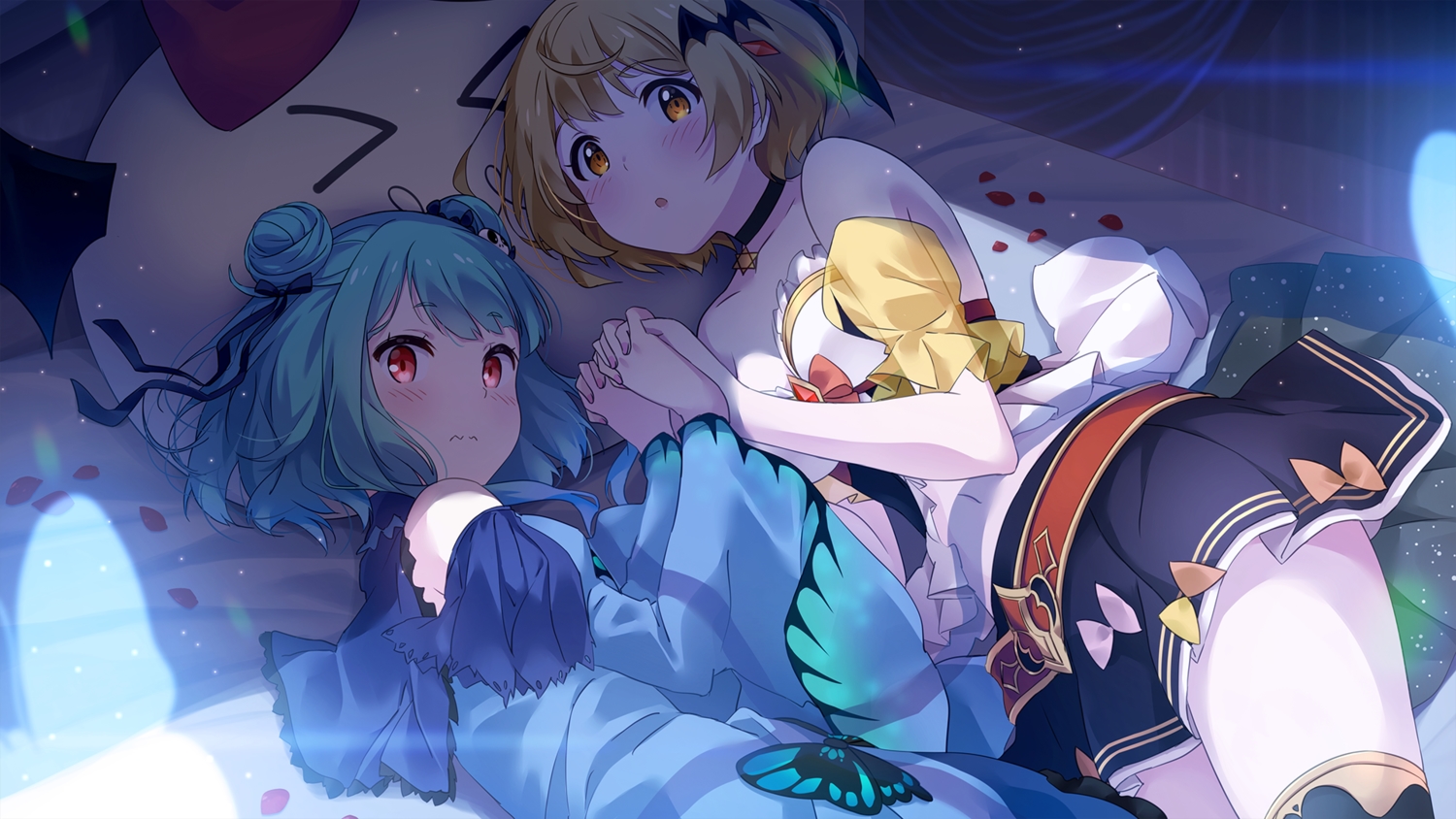 2girls, bed, blush, brown_eyes, brown_hair, green_hair, hololive, narumi_nanami, navel, nijisanji, red_eyes, short_hair, shoujo_ai, skirt, thighhighs, uruha_rushia, yozora_mel, zettai_ryouiki