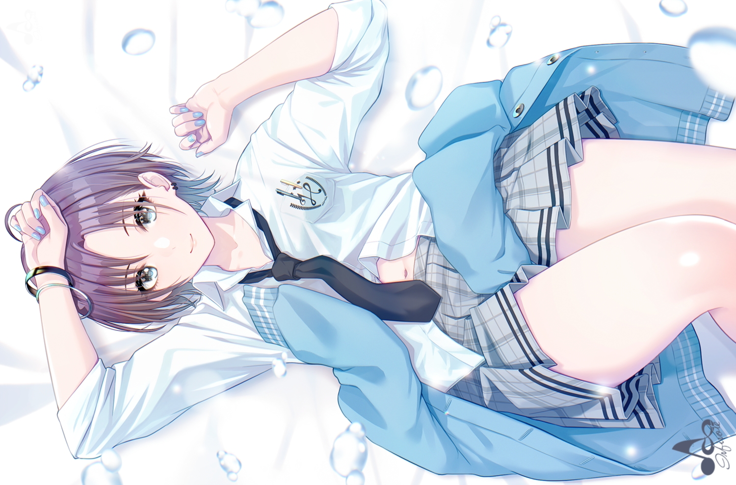 asakura_tooru, idolmaster, idolmaster_shiny_colors, infinote, navel, purple_hair, school_uniform, short_hair, skirt, tie, watermark