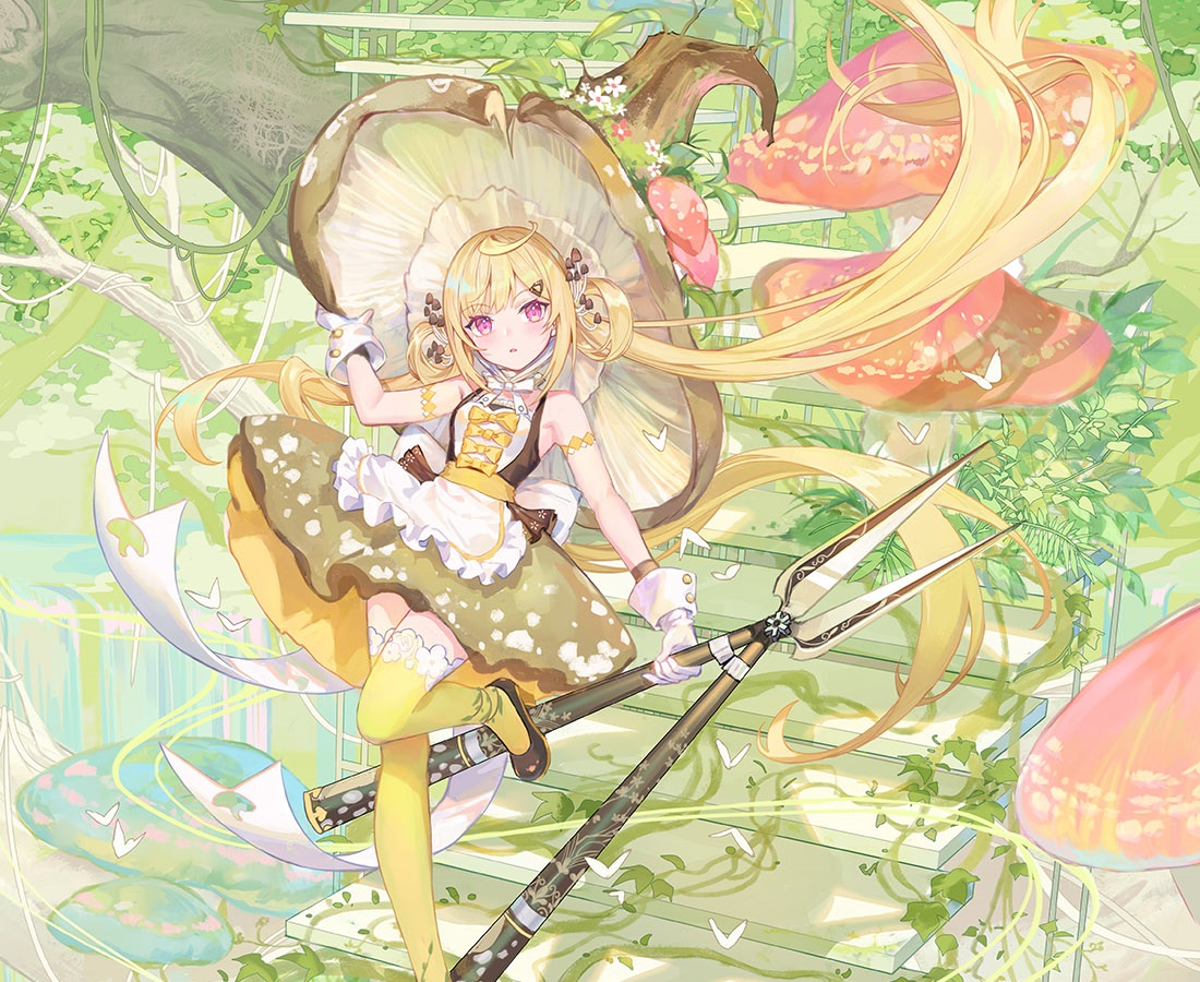 apron, atdan, blonde_hair, bow, butterfly, cropped, dress, gloves