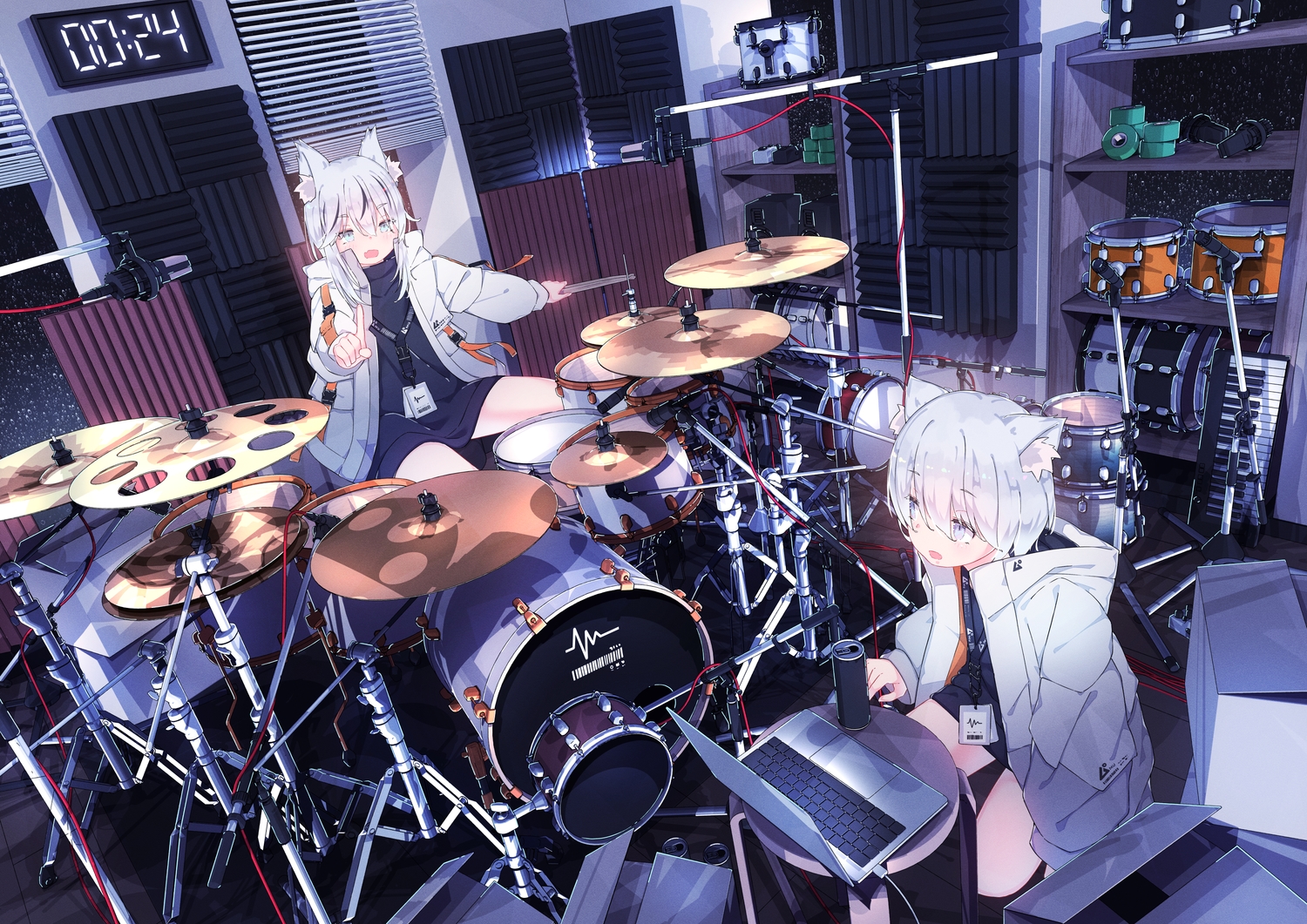2girls, aliasing, animal_ears, blue_eyes, computer, drums, hoji_(hooooooooji1029), instrument