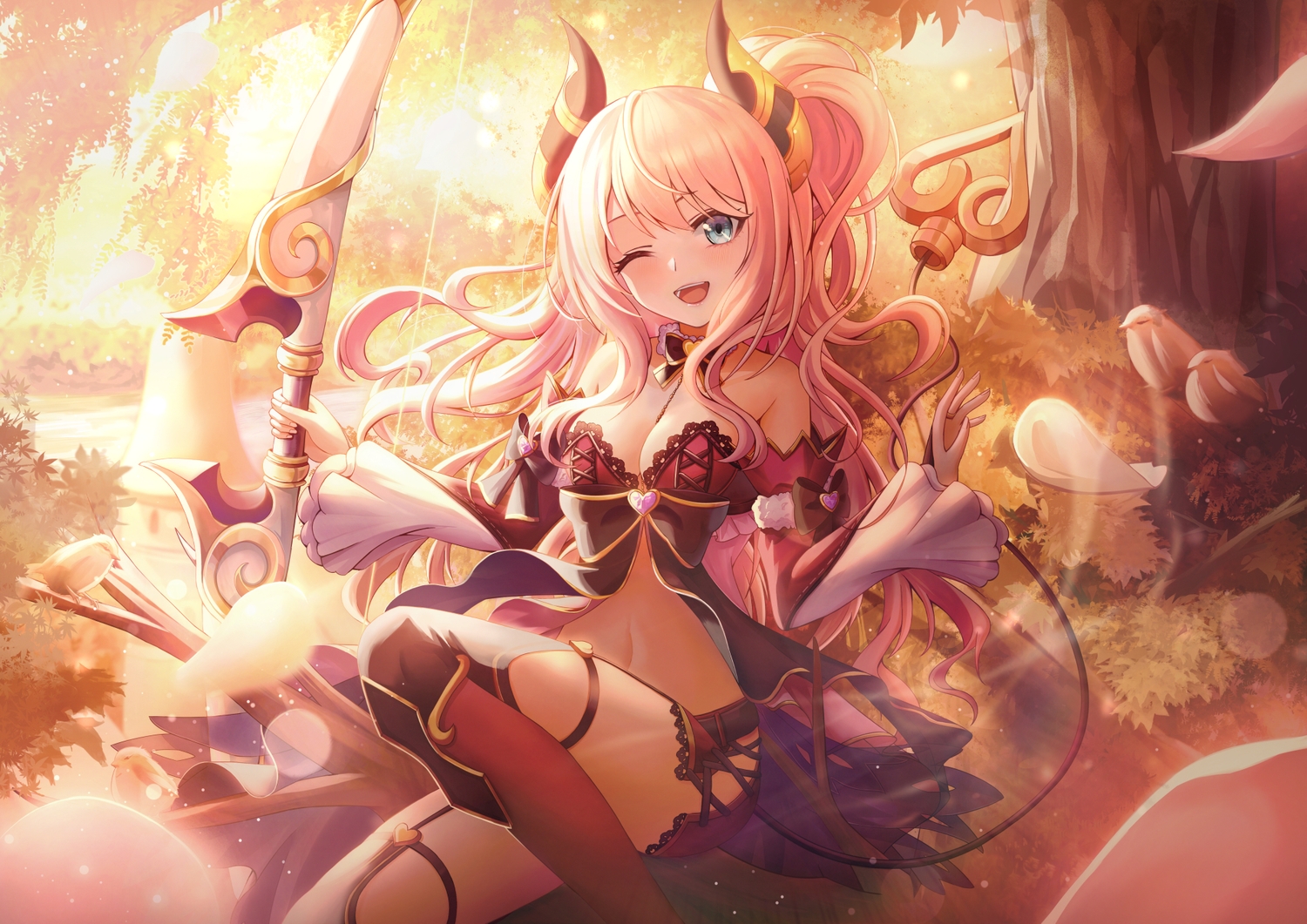 aqua_eyes, bow_(weapon), breasts, cleavage, demon, forest, horns, long_hair, minami_suzuna, navel, necoring862, pink_hair, pointed_ears, princess_connect!, stockings, tail, thighhighs, tree, weapon, wink