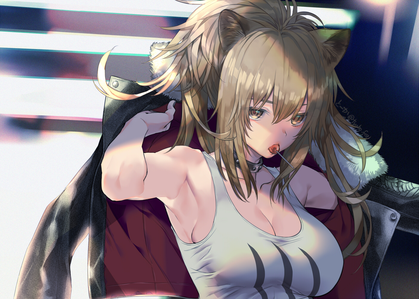 animal_ears, arknights, breasts, candy, catgirl, cleavage, close, lollipop, siege_(arknights), signed, tooka