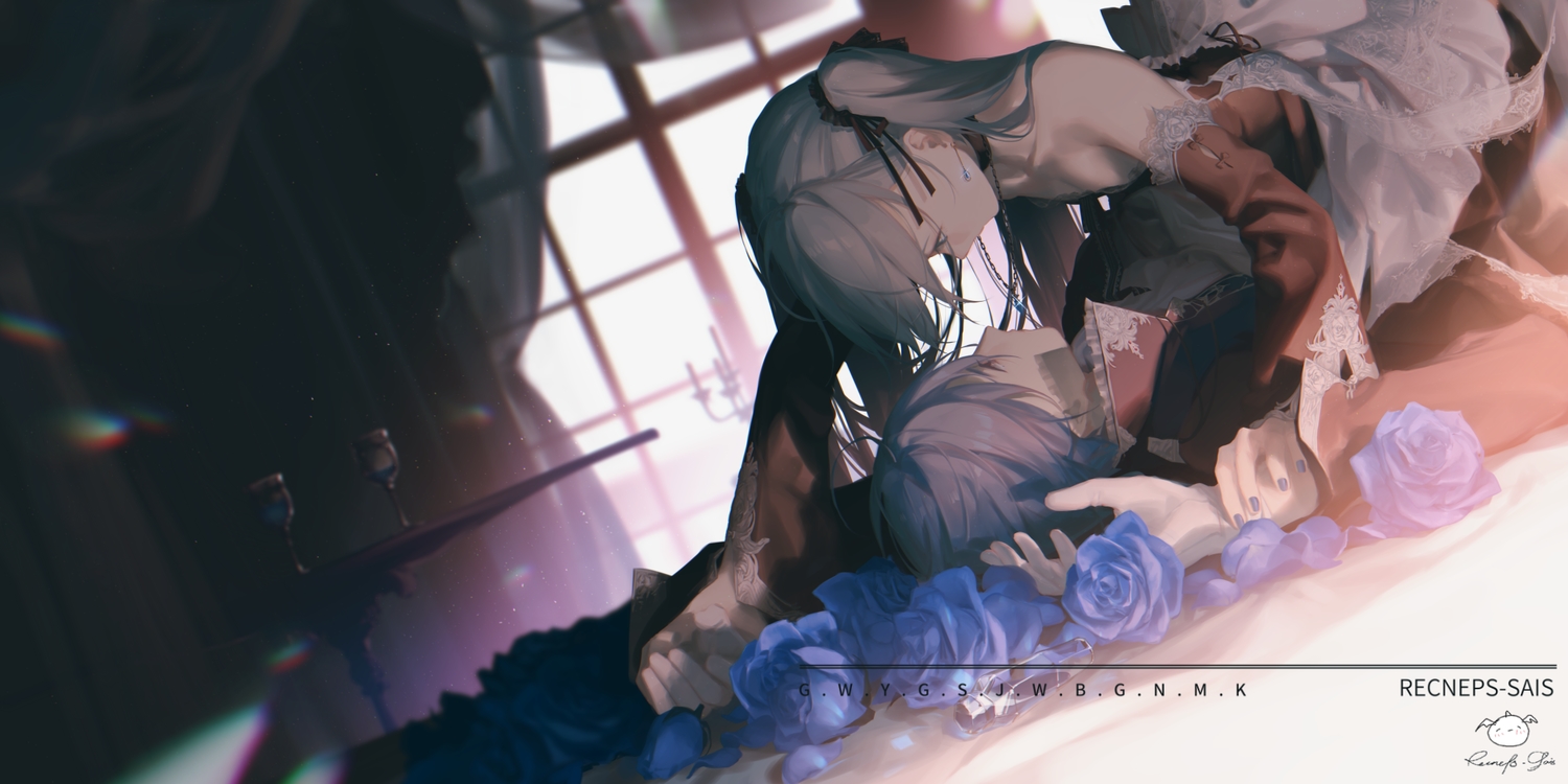 cantarella_(vocaloid), flowers, hatsune_miku, kaito, long_hair, male, rose, signed