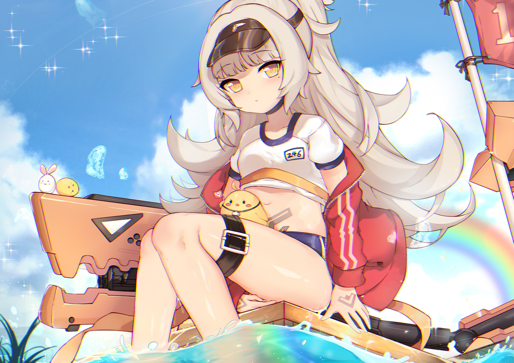 anthropomorphism, azur_lane, bloomers, blush, gray_hair, gym_uniform, kuaua, long_hair