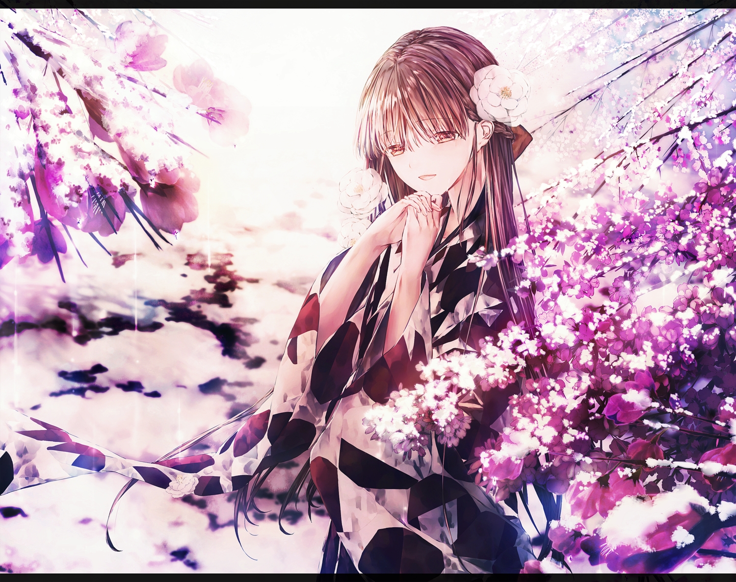 brown_eyes, brown_hair, flowers, japanese_clothes, kimono, long_hair, original, polychromatic