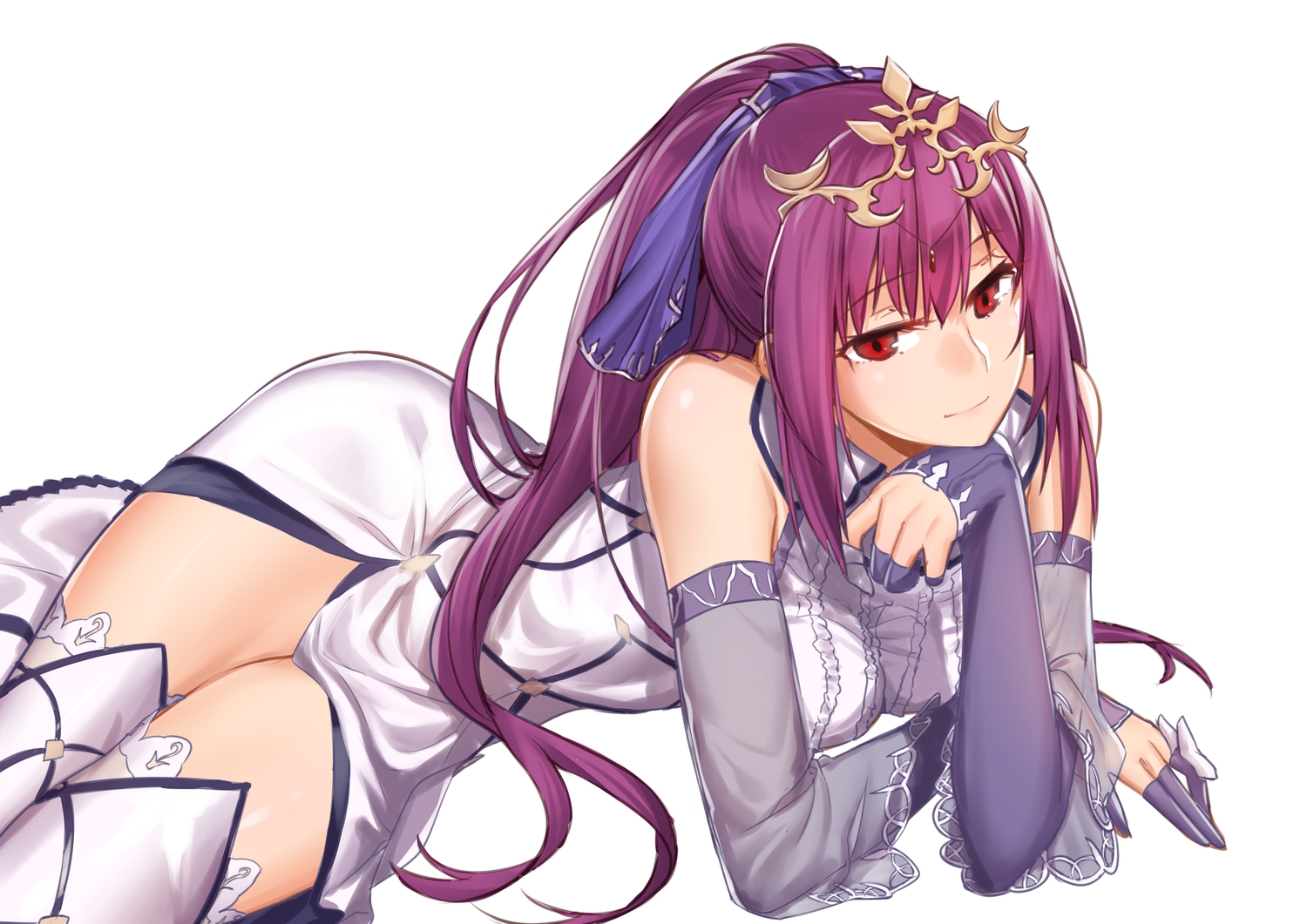 dress, fate/grand_order, fate_(series), long_hair, onceskylark, ponytail, purple_hair, red_eyes