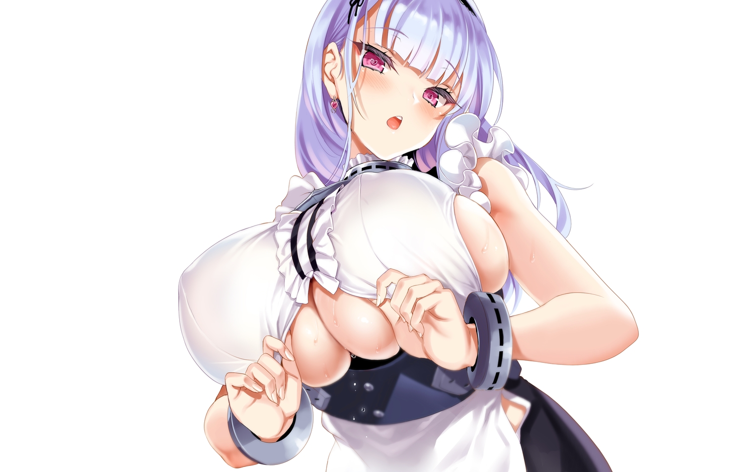 anthropomorphism, azur_lane, blue_hair, blush, breasts, close, dido_(azur_lane), erect_nipples, kure_masahiro, maid, purple_eyes, third-party_edit, wet, white