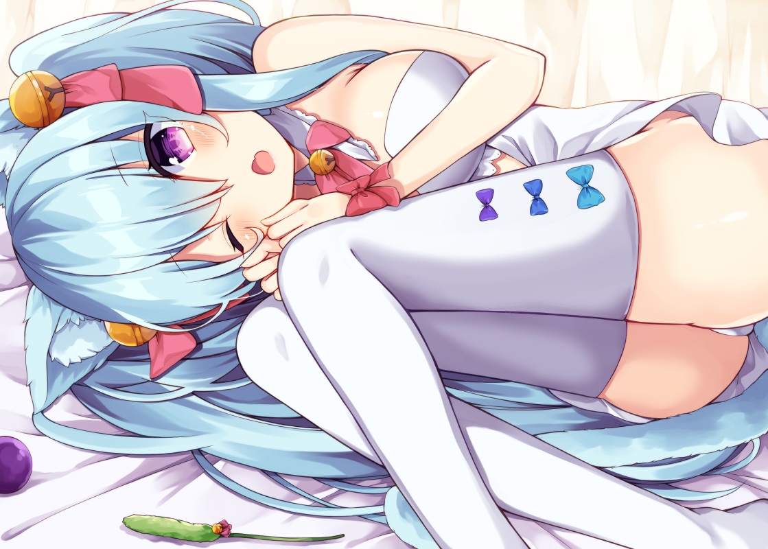 animal_ears, bell, blue_hair, blush, catgirl, dress, maki_soutoki, original, panties, purple_eyes, tail, underwear, wink