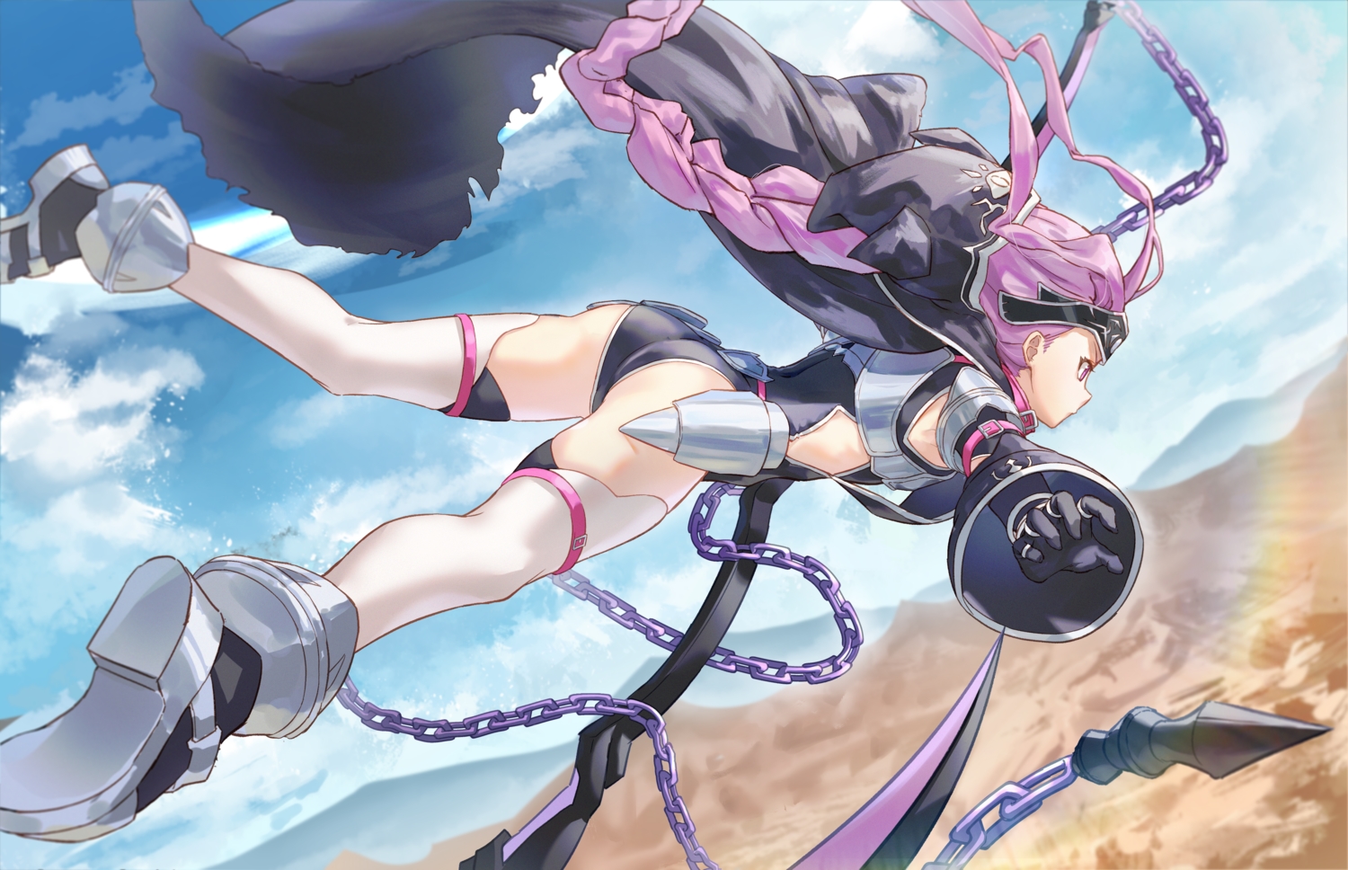 ass, cape, chain, clouds, elbow_gloves, fate/grand_order, fate_(series), gloves