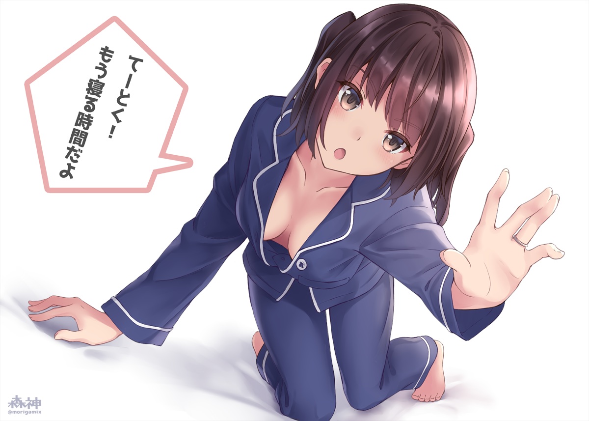 anthropomorphism, breasts, brown_eyes, brown_hair, d-style_wed, kantai_collection, no_bra, pajamas
