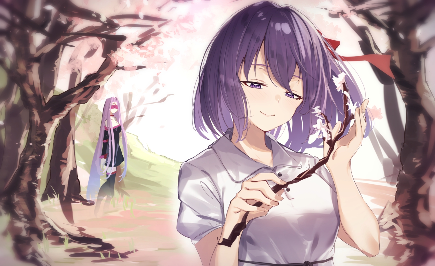 2girls, blindfold, close, fate_(series), fate/stay_night, long_hair, matou_sakura, purple_eyes