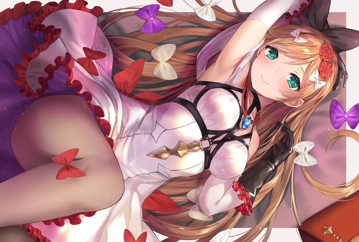 blush, bow, brown_hair, clarisse_(granblue_fantasy), dress, gloves, granblue_fantasy, green_eyes, long_hair, mizya, pantyhose