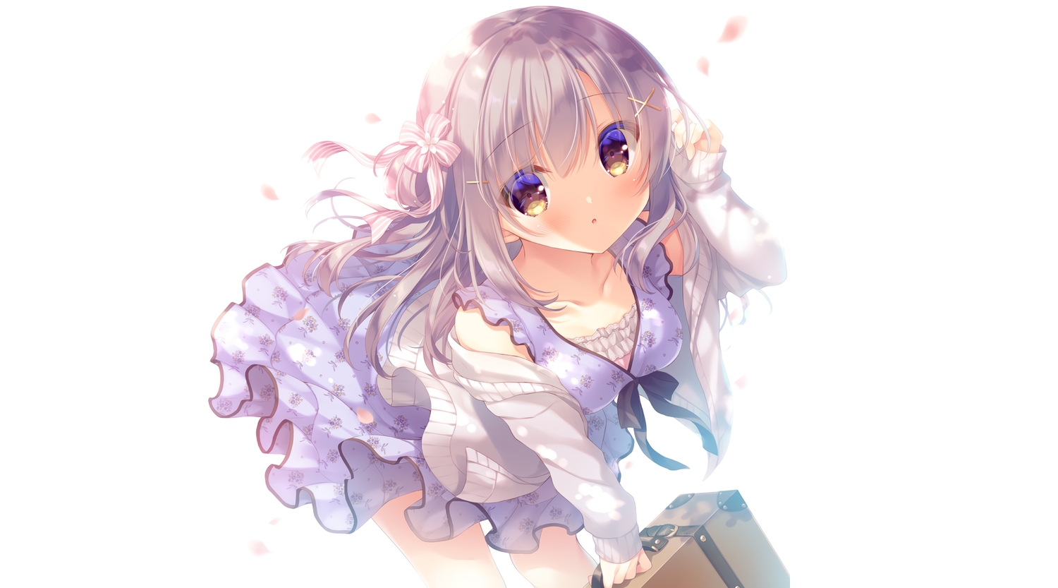 blush, brown_eyes, cherry_blossoms, dress, flowers, gray_hair, long_hair, original
