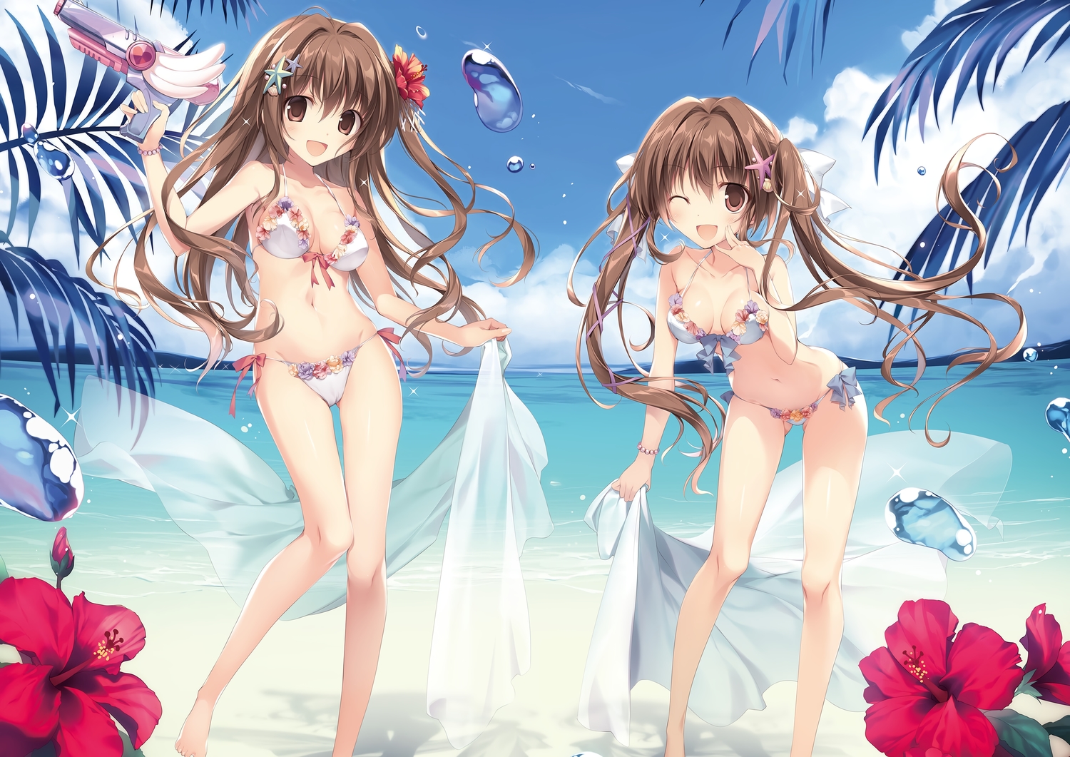 2girls, beach, bikini, brown_eyes, brown_hair, clouds, flowers, gun