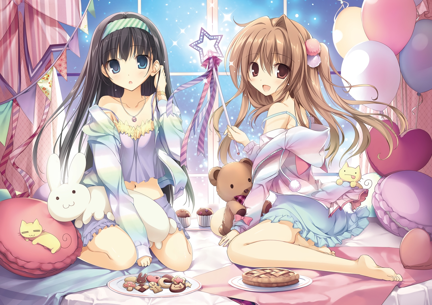 2girls, animal, aomi_maika, barefoot, black_hair, blue_eyes, brown_eyes, brown_hair, cake, cat, food, headband, hood, karory, long_hair, necklace, open_shirt, original, pajamas, ponytail, scan, teddy_bear, tsukiishi_koyuki, wand