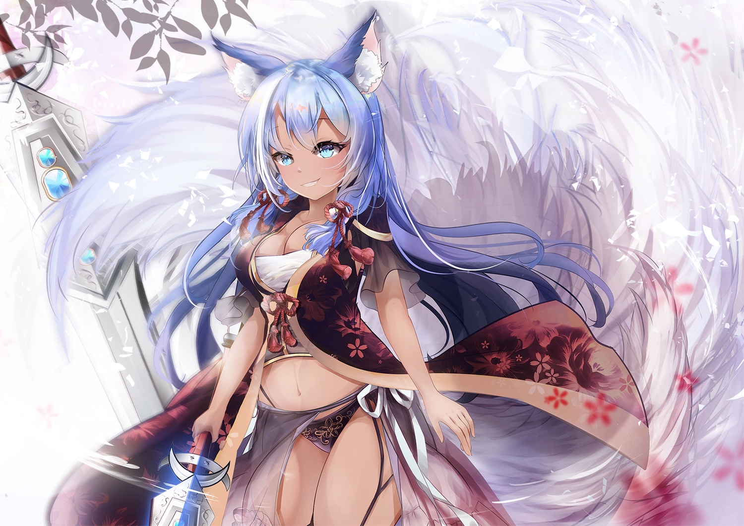 animal_ears, aqua_eyes, blue_hair, breasts, cleavage, dark_skin, foxgirl, garter_belt