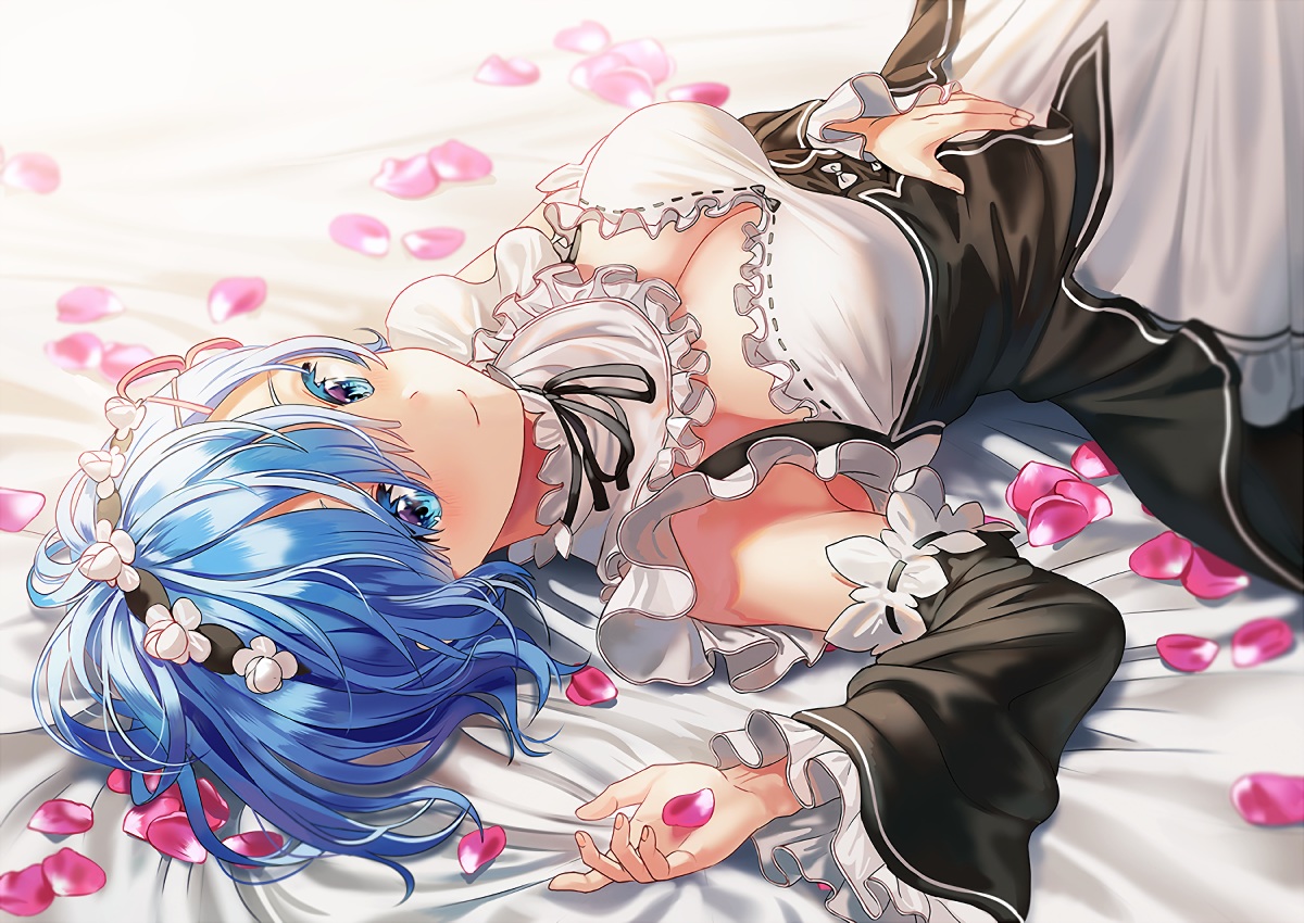 aqua_eyes, blue_hair, breasts, cleavage, dress, headband, petals, rem_(re:zero)