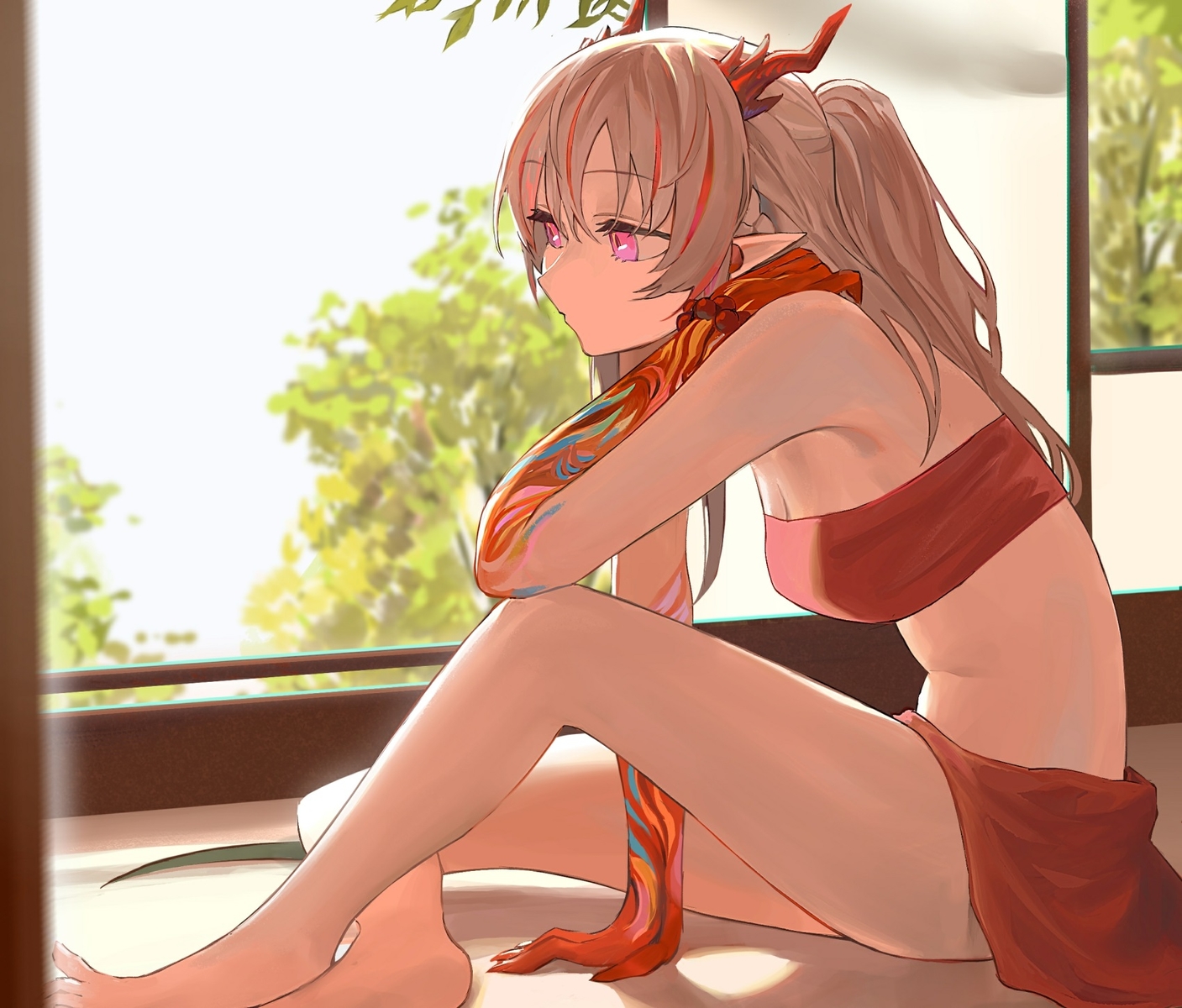 arknights, barefoot, breasts, brown_hair, cleavage, cropped, horns, koio, long_hair, nian_(arknights), pink_eyes, pointed_ears, ponytail, skirt, wristwear