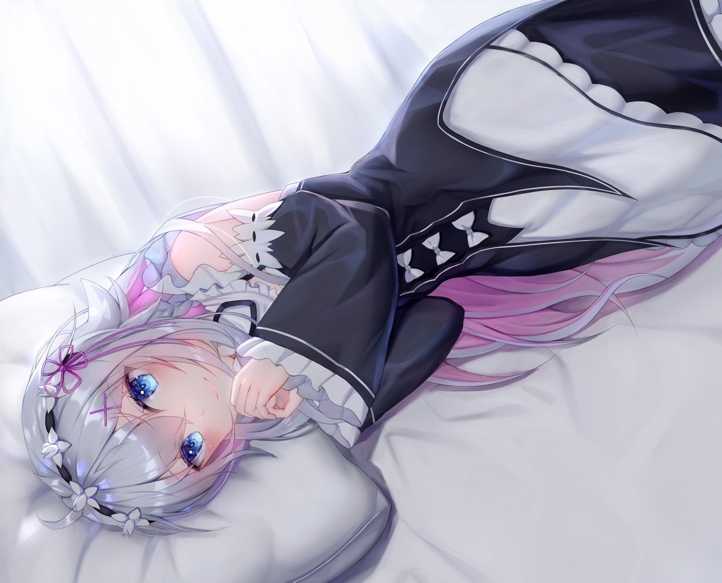 aqua_eyes, bed, blush, braids, cosplay, cropped, dress, headband