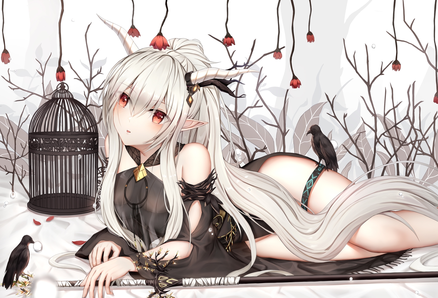 animal, arknights, bird, blush, cage, dress, flowers, garter