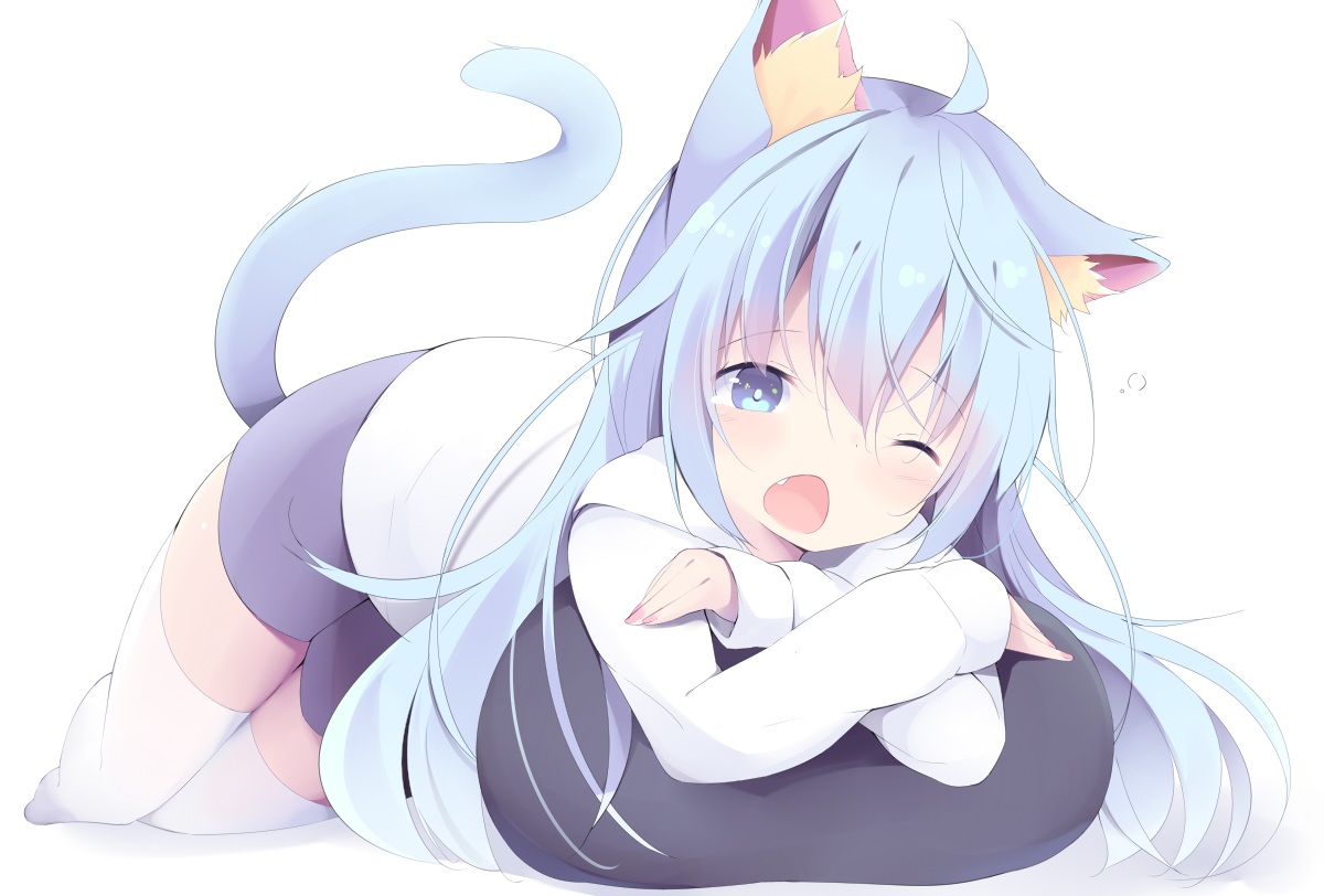 aliasing, animal_ears, aqua_eyes, aqua_hair, blush, catgirl, fang, hood
