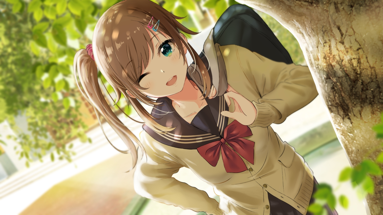 blush, bow, brown_hair, green_eyes, long_hair, original, ponytail, school_uniform, shiokazunoko, tree, wink
