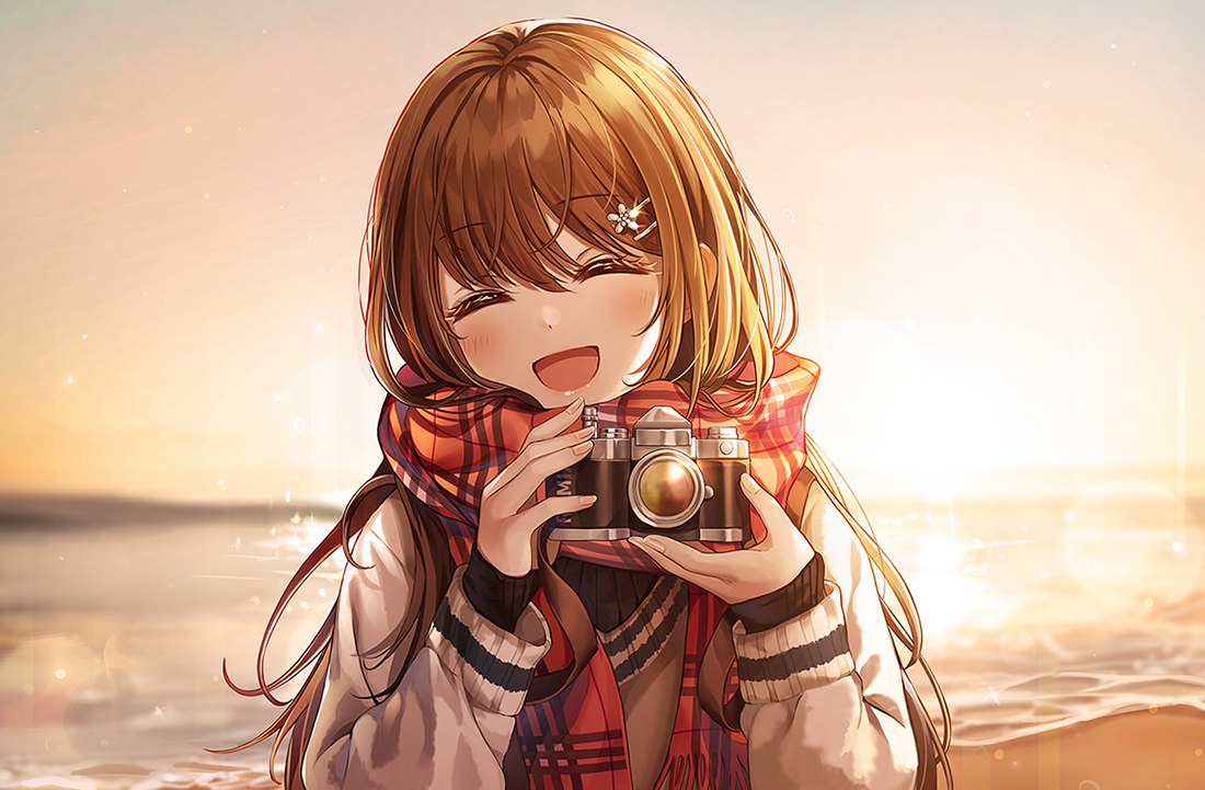 beach, blush, brown_hair, camera, connie_(keean2019), long_hair, original, scarf