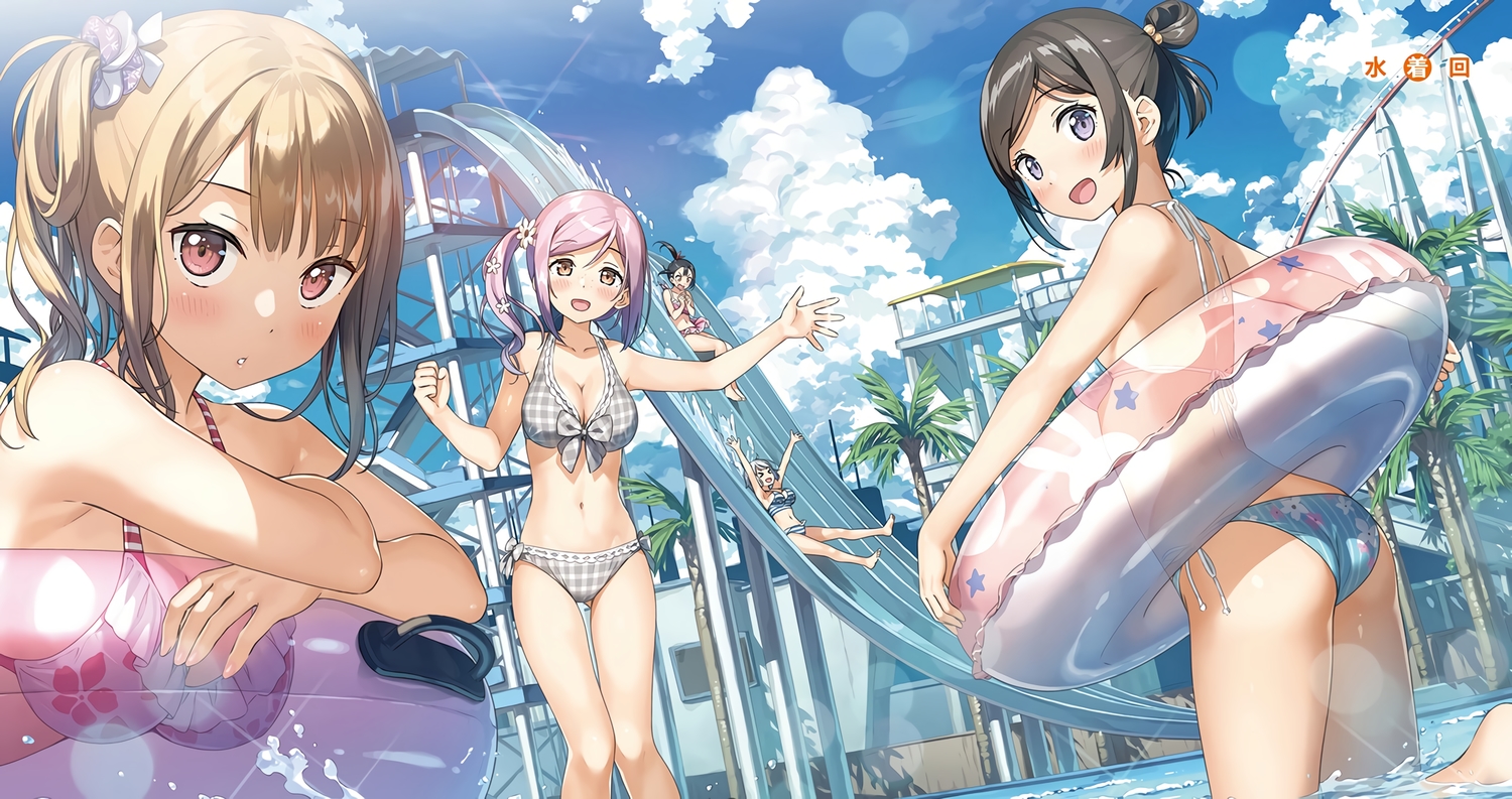 ass, barefoot, bikini, black_hair, blush, brown_eyes, brown_hair, clouds, hashima_chihiro, imouto_sae_ireba_ii., kantoku, navel, park, pink_eyes, ponytail, pool, purple_eyes, purple_hair, shirakawa_miyako, sky, swim_ring, swimsuit, tagme_(character), water, white_hair