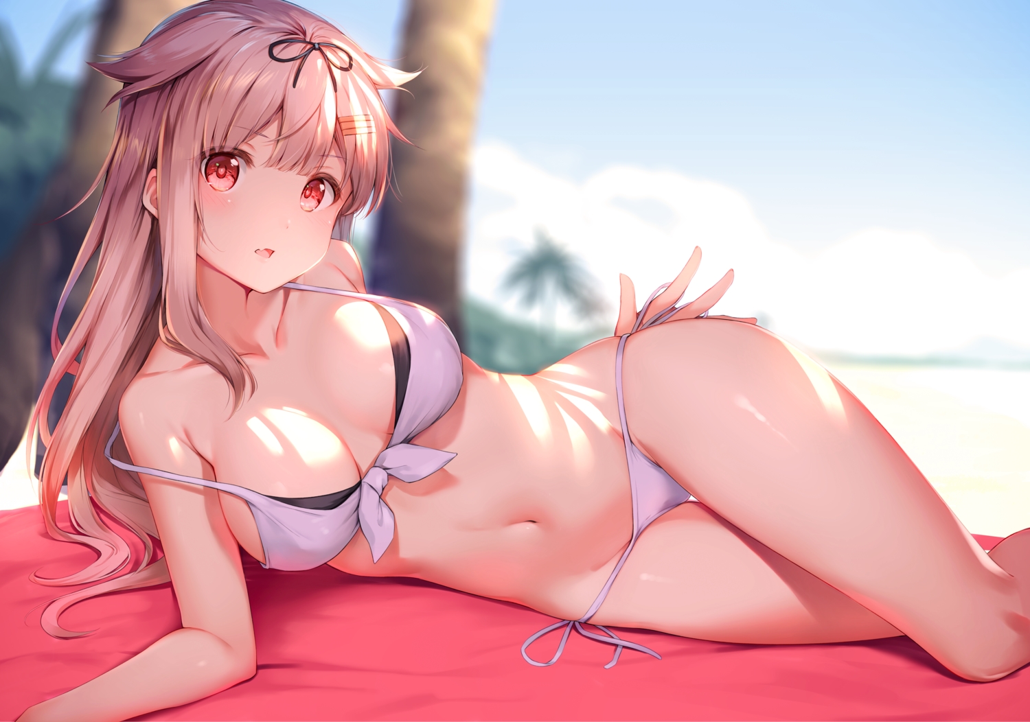 anthropomorphism, beach, bikini, blonde_hair, breasts, fang, kantai_collection, long_hair, nyum, red_eyes, swimsuit, yuudachi_(kancolle)