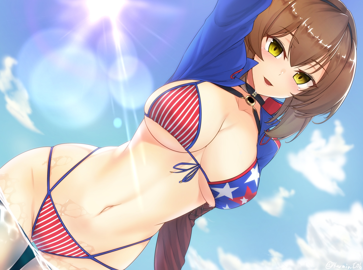 anthropomorphism, bikini, blush, brown_hair, carmine_(ucdio), clouds, cosplay, fate/grand_order