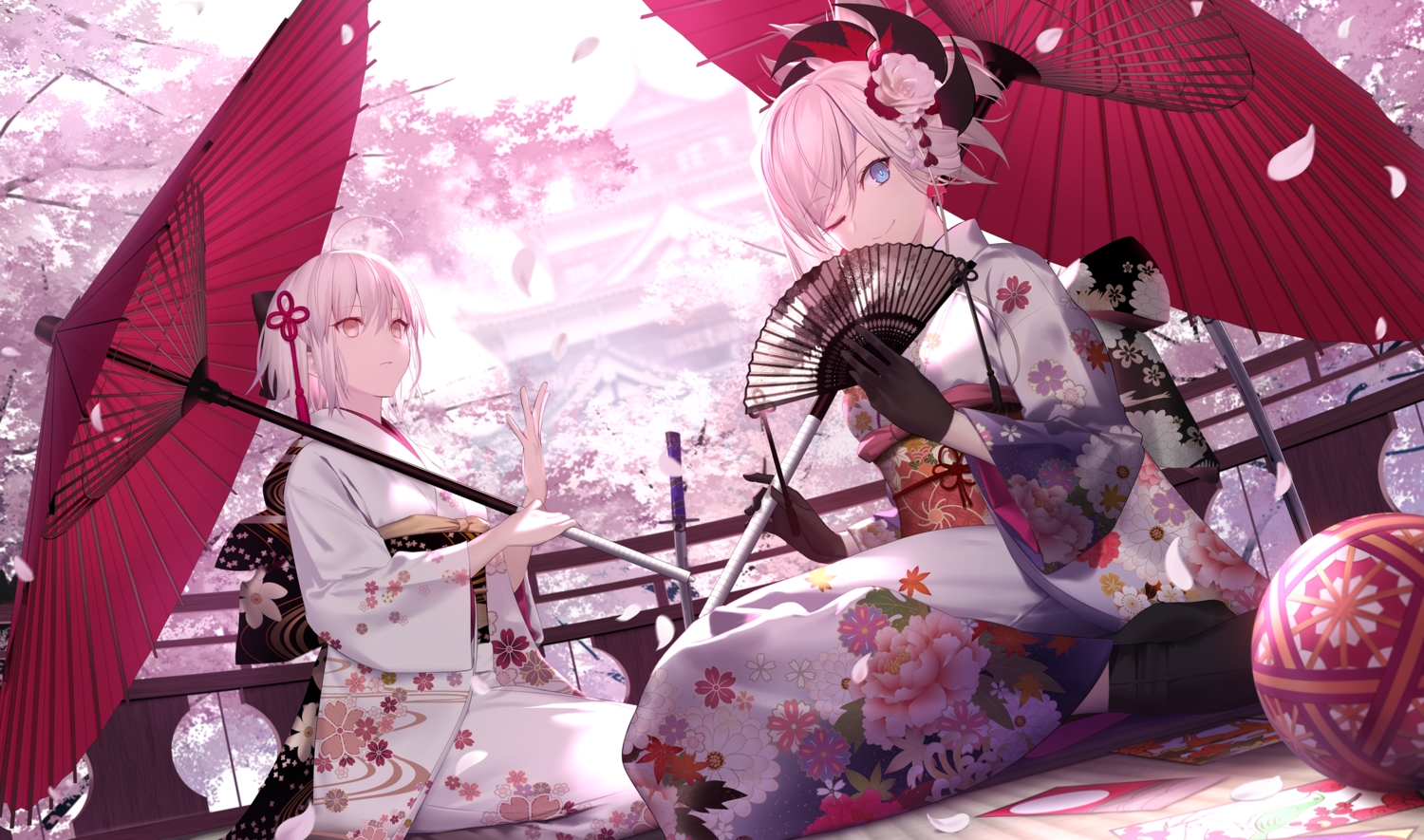 2girls, fate/grand_order, fate_(series), flowers, japanese_clothes, mashima_saki_(mashimasa), miyamoto_musashi_(fate/grand_order), okita_souji_(fate), umbrella
