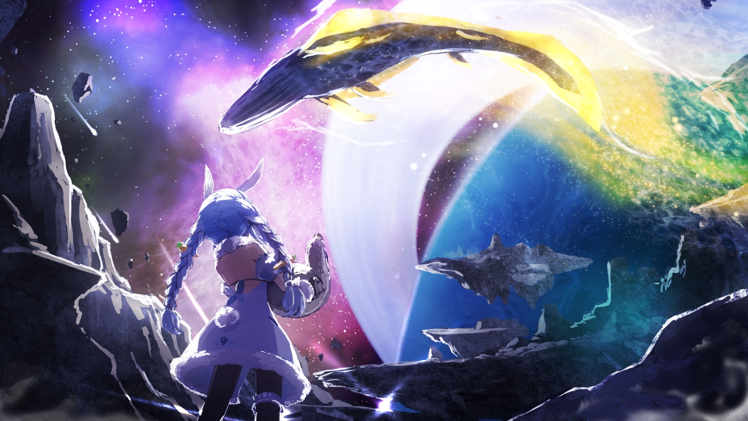 animal, animal_ears, ark:_survival_evolved, braids, bunny_ears, bunnygirl, hololive, namacotan, sky, stars, tail, twintails, usada_pekora