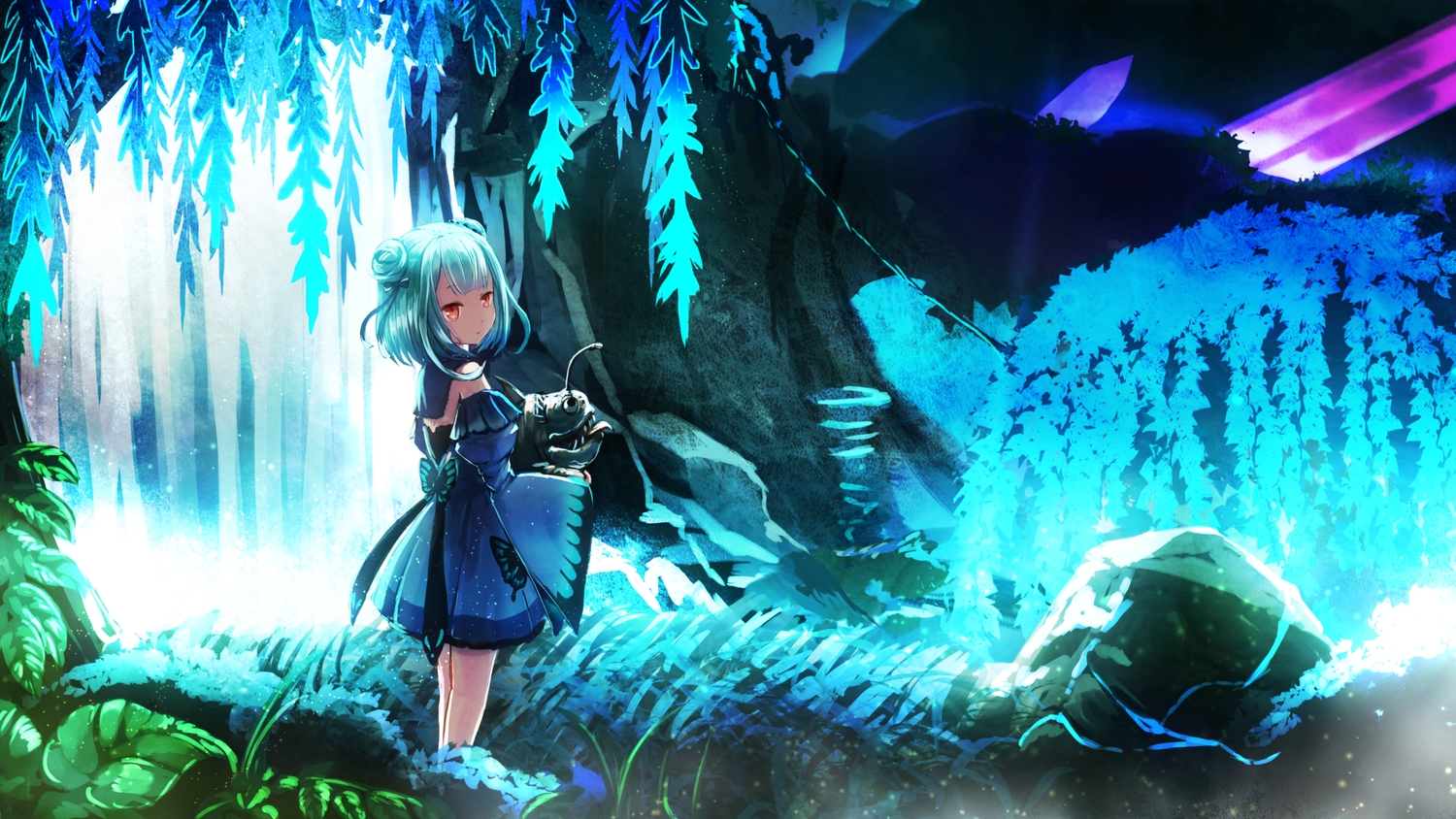 ark:_survival_evolved, dress, grass, green_hair, hololive, namacotan, red_eyes, tree