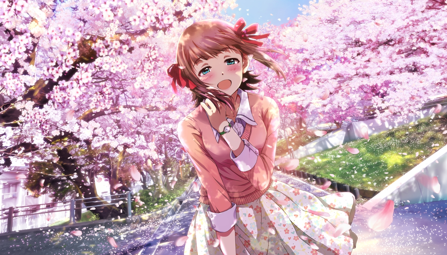 aliasing, amami_haruka, cherry_blossoms, flowers, hina_(araburu-hinadori), idolmaster, tree