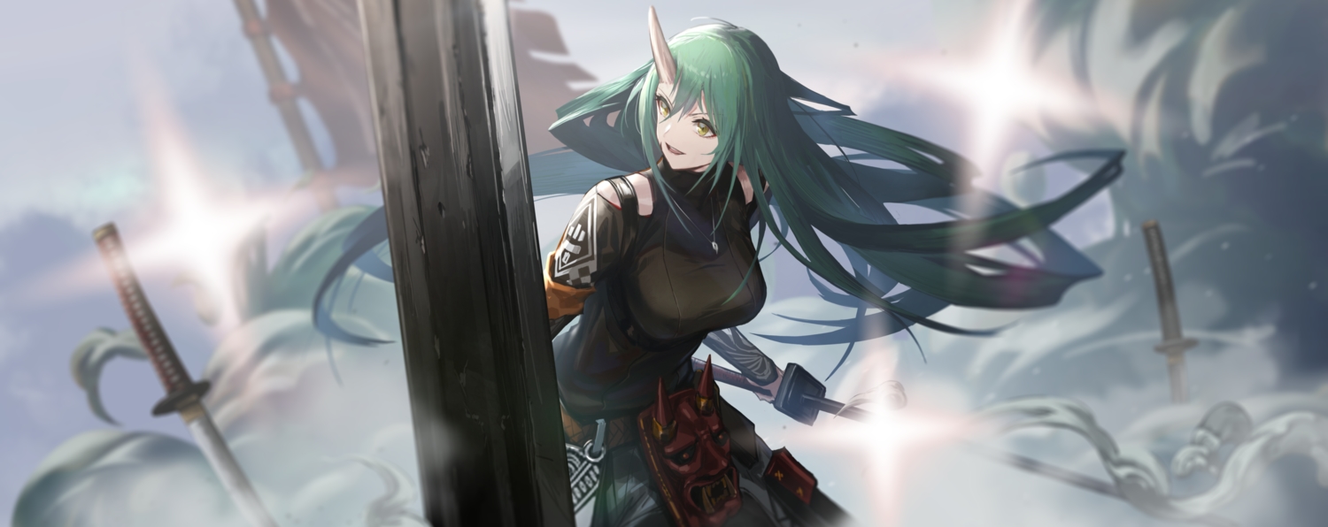 arknights, cropped, gh_(chen_ghh), green_hair, horns, hoshiguma_(arknights), katana, long_hair