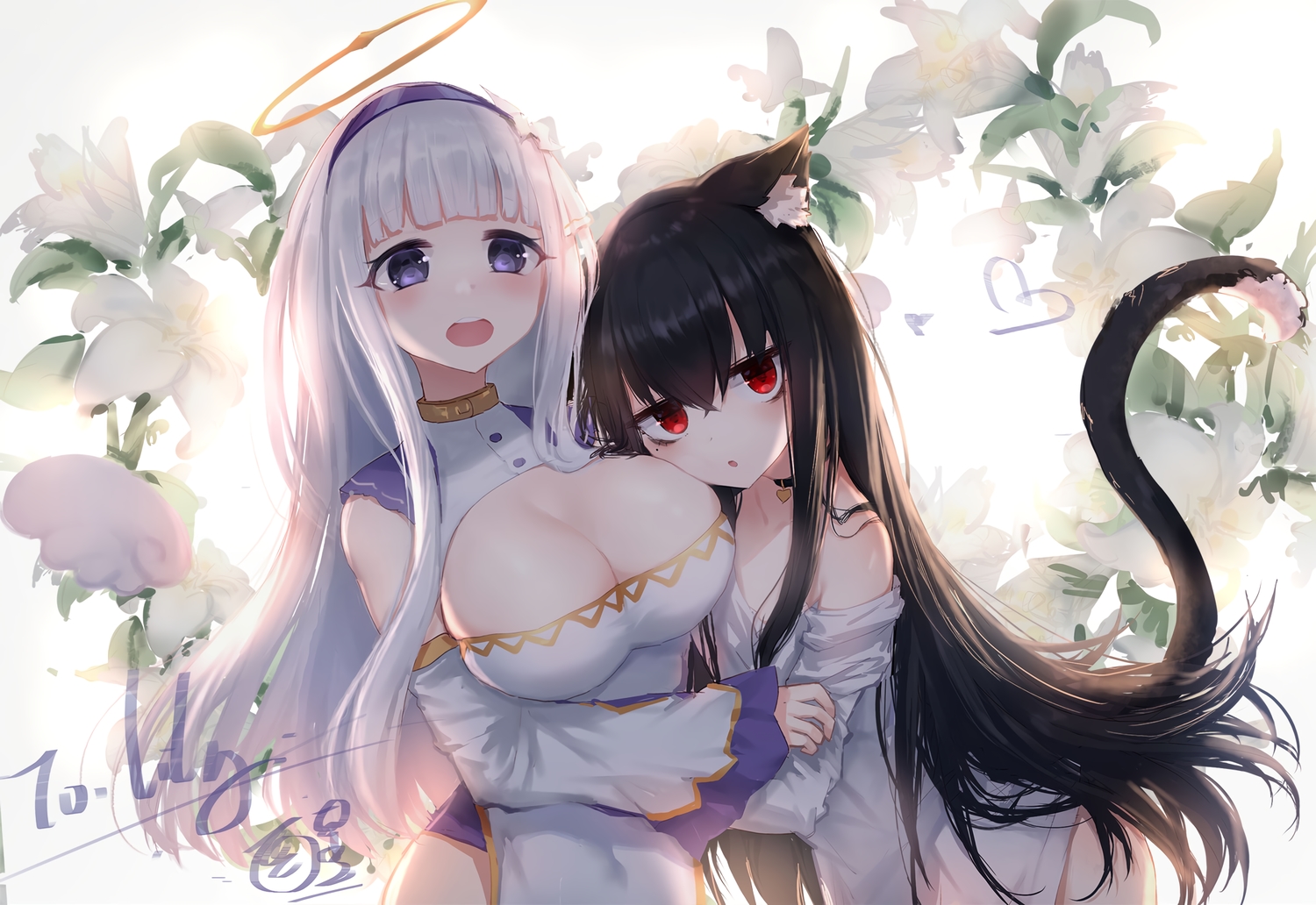 2girls, animal_ears, black_hair, blush, catgirl, flowers, halo, headband, hug, long_hair, original, purple_eyes, red_eyes, shirayuri_lily, tail, vivid_(agency), watermark, white_hair, xing