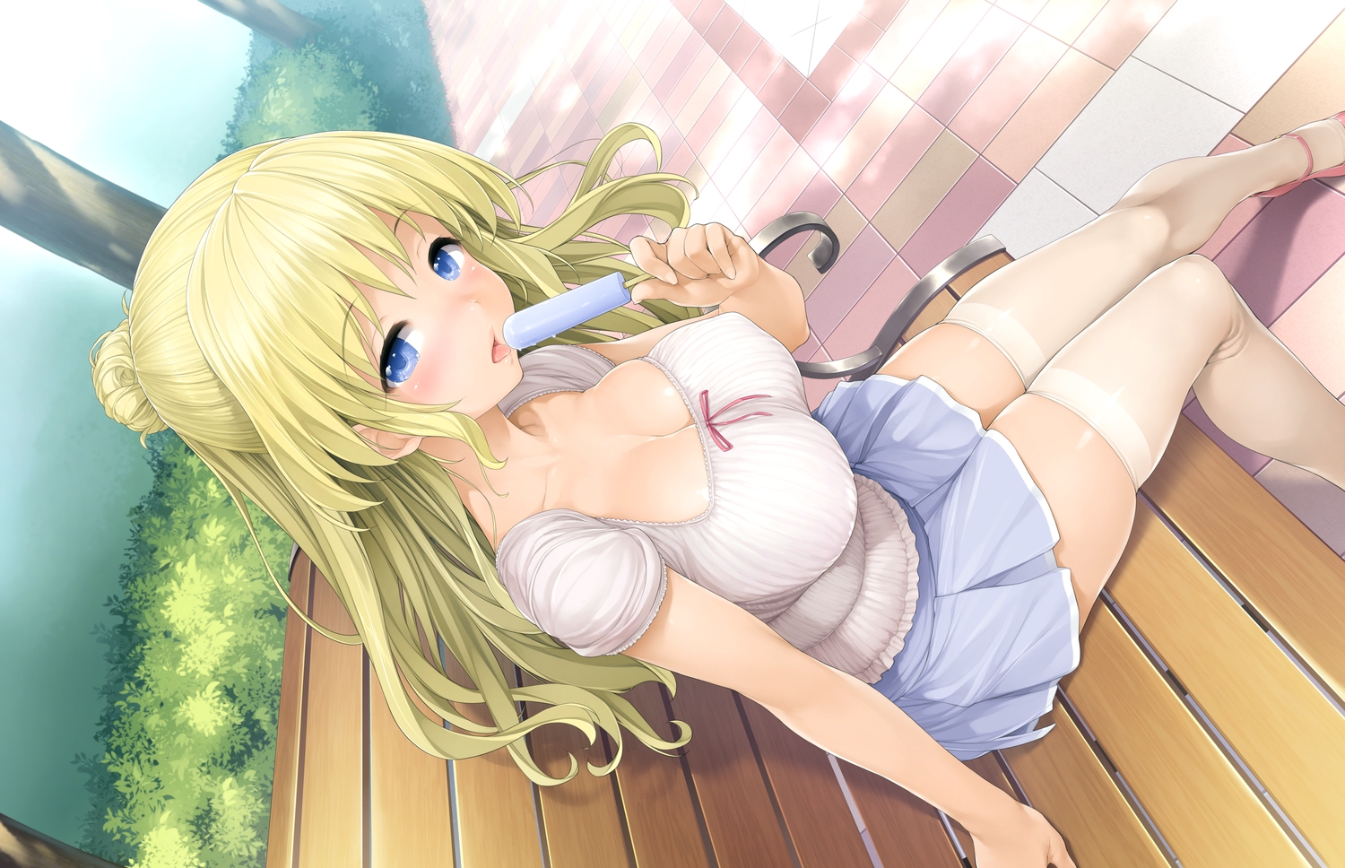 amabane_nodoka, blonde_hair, blue_eyes, blush, breasts, cleavage, game_cg, ishikei, long_hair, love3, neko_works, popsicle, skirt, thighhighs, zettai_ryouiki