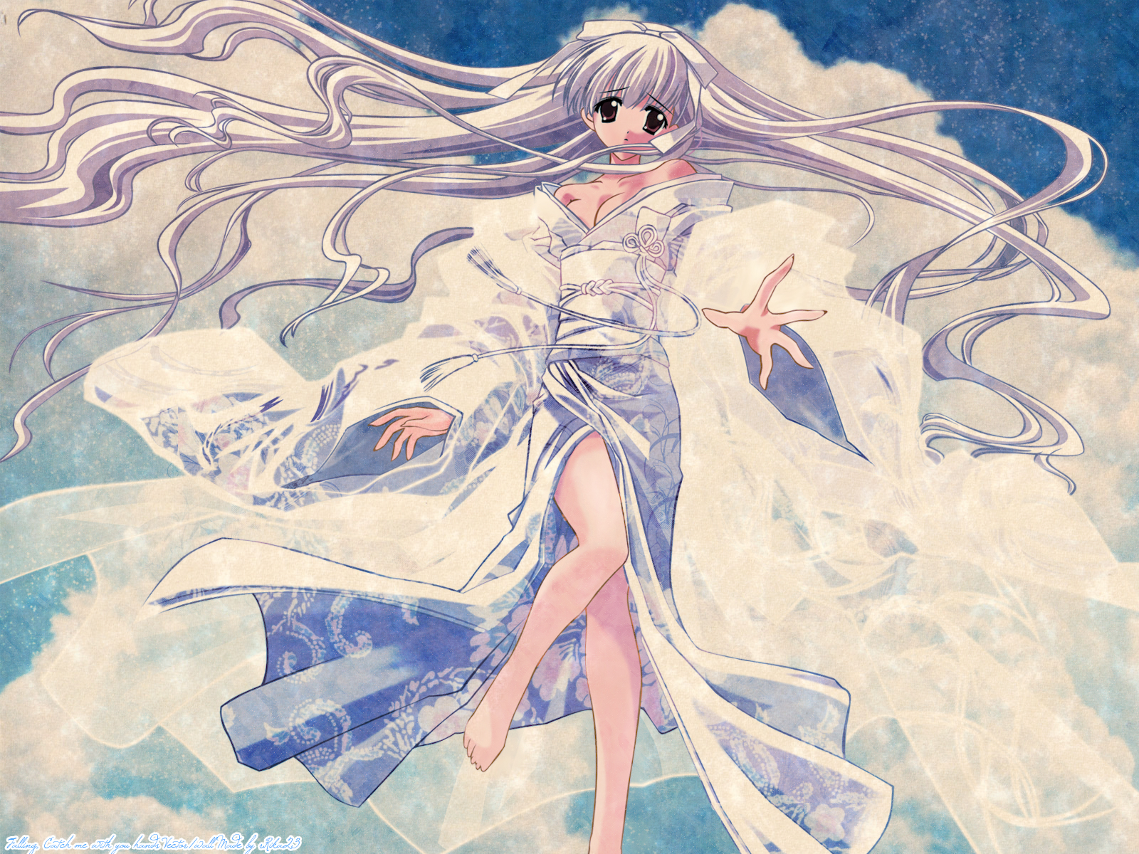 brown_eyes, carnelian, japanese_clothes, kawakabe_momoka, sky, touka_gettan, white_hair