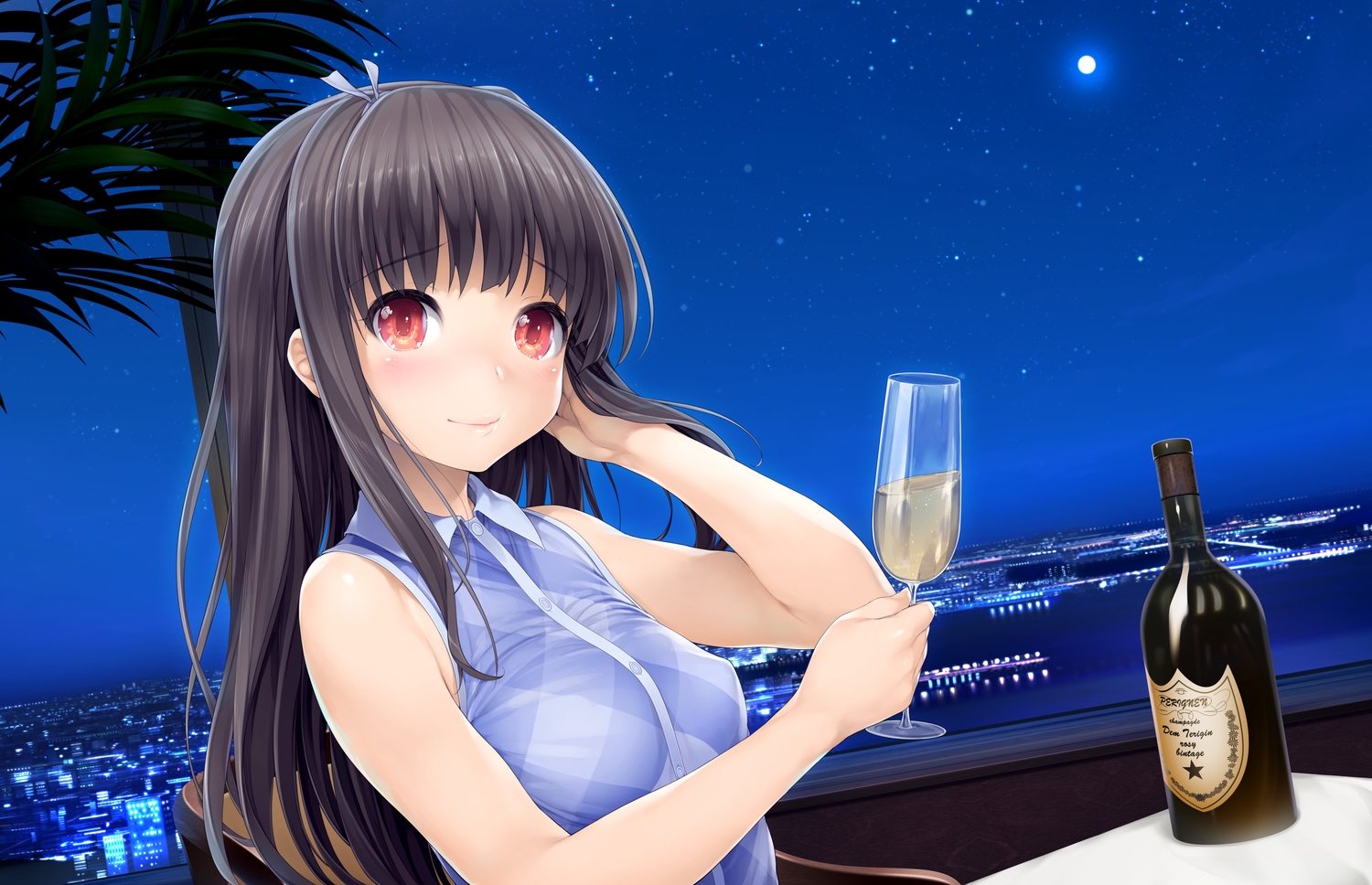 black_hair, building, city, drink, game_cg, ishikei, long_hair, love3, neko_works, night, red_eyes, shitaka_iori