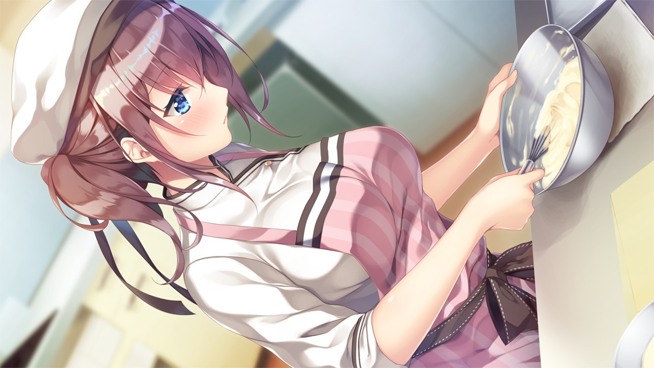 apron, ayase_hazuki, blue_eyes, blush, brown_hair, food, game_cg, hachimitsu_soft