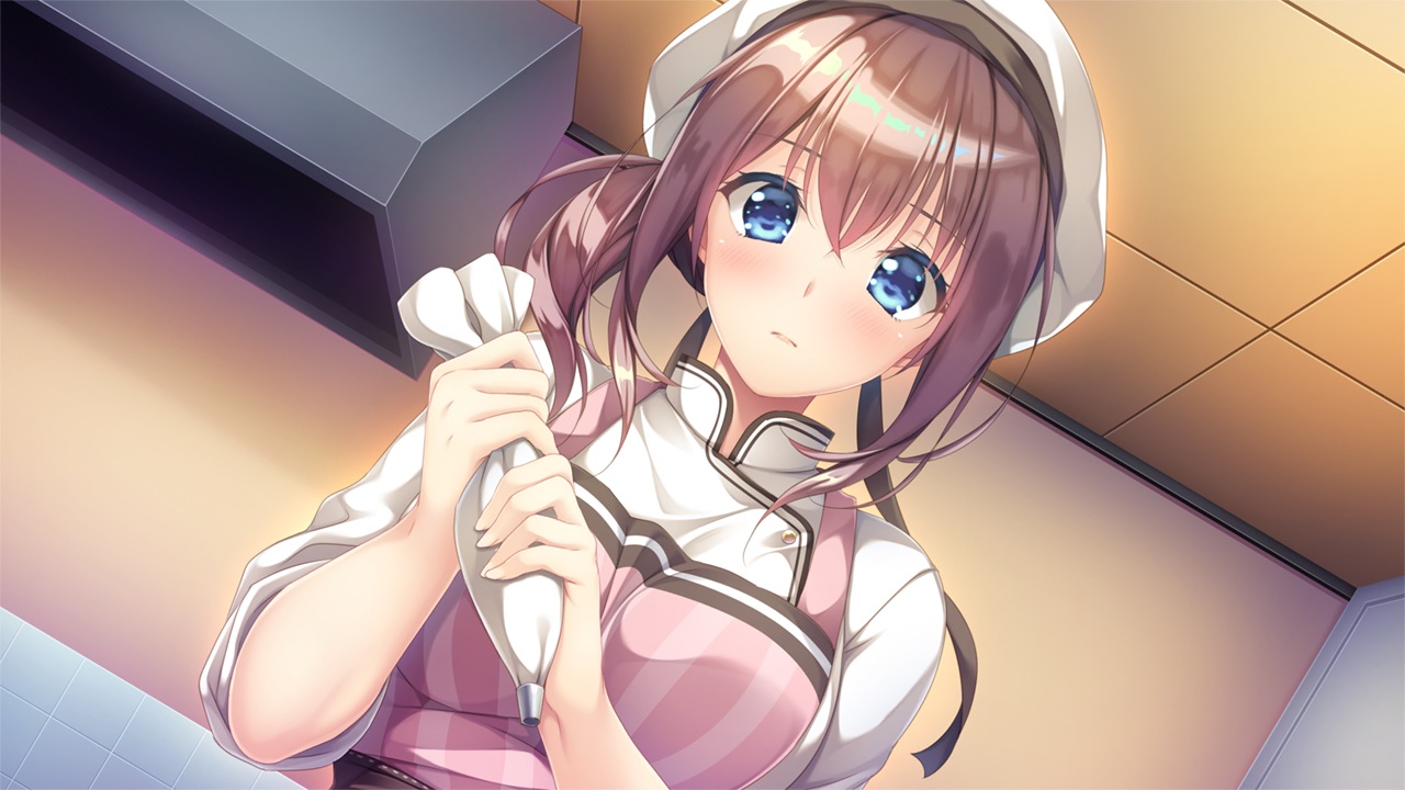 apron, ayase_hazuki, blue_eyes, blush, close, game_cg, hat, icing_-love_coating-