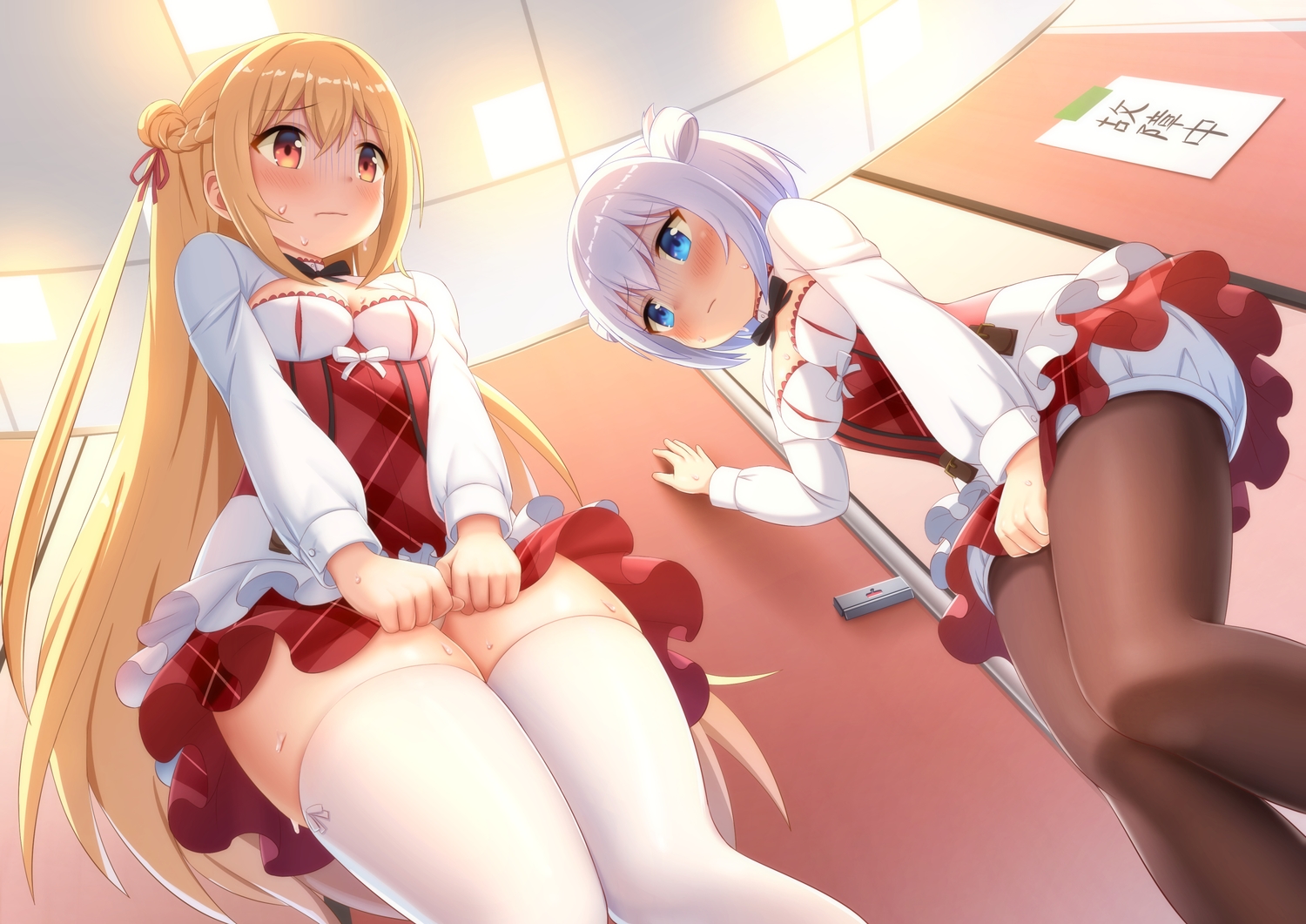 2girls, aqua_eyes, assassins_pride, blonde_hair, bloomers, blush, cedar_(artist), dress, elise_angel, long_hair, melida_angel, pantyhose, thighhighs, white_hair