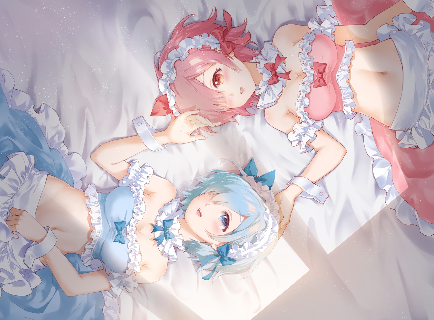 2girls, aqua_eyes, blue_hair, blush, bow, headband, maid, navel, pink_hair, ram_(re:zero), rem_(re:zero), re:zero_kara_hajimeru_isekai_seikatsu, shangguan_feiying, short_hair, twins