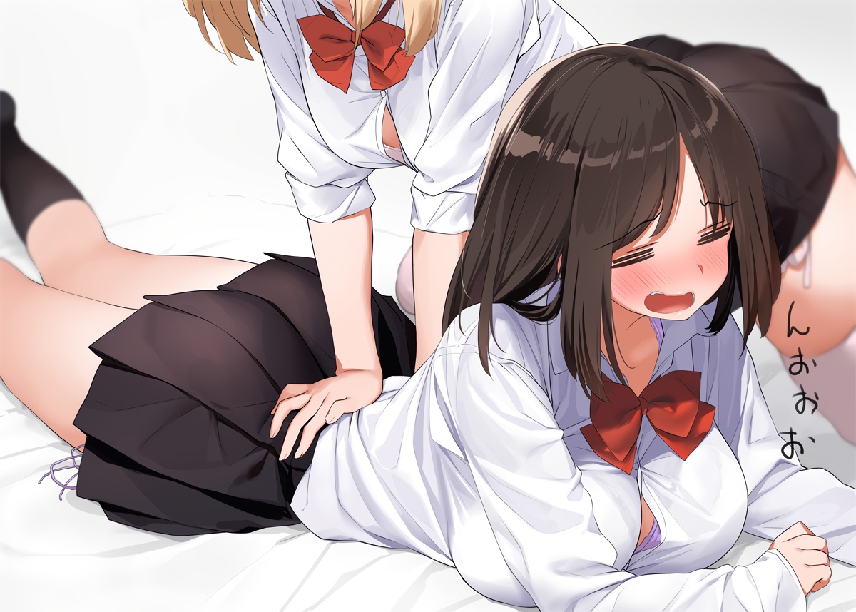 2girls, blonde_hair, blush, bow, brown_hair, kaisen_chuui, long_hair, original
