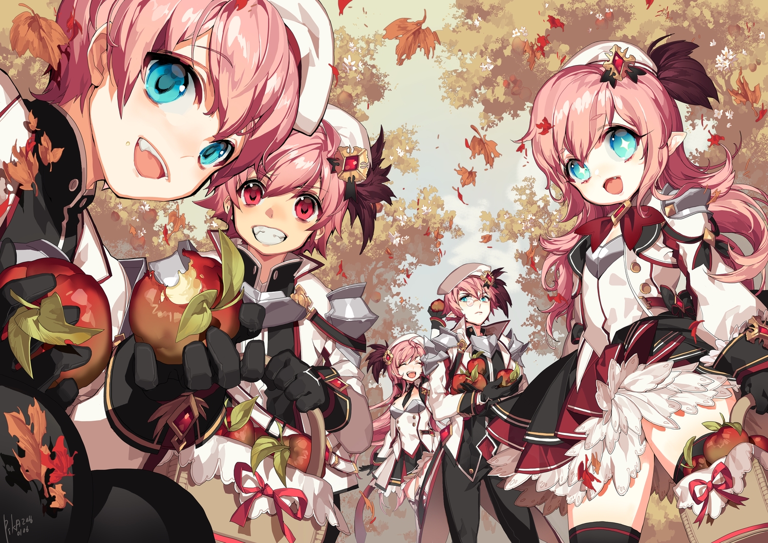 apple, autumn, elsword, food, fruit, group, leaves, loli, long_hair, male, pika_(kai9464), pink_hair, pointed_ears, short_hair, signed, tagme_(character), thighhighs